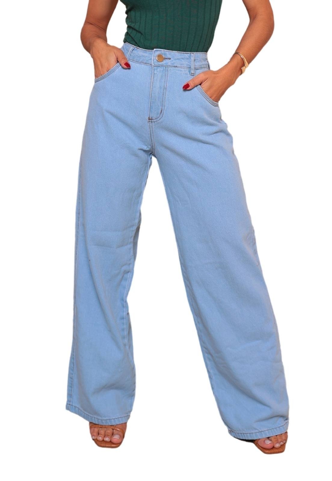 Calça Jeans Pantalona Wide Leg Elegante Jeans Claro Feminina Confortável Tecido Premium