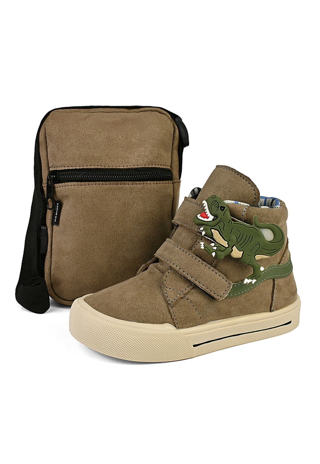 Infantil - Kit Tênis Cano Alto Dinossauro Rex Camurça Macio Estiloso Confortável Cano Alto Botinha Com Bolsa Mzkid