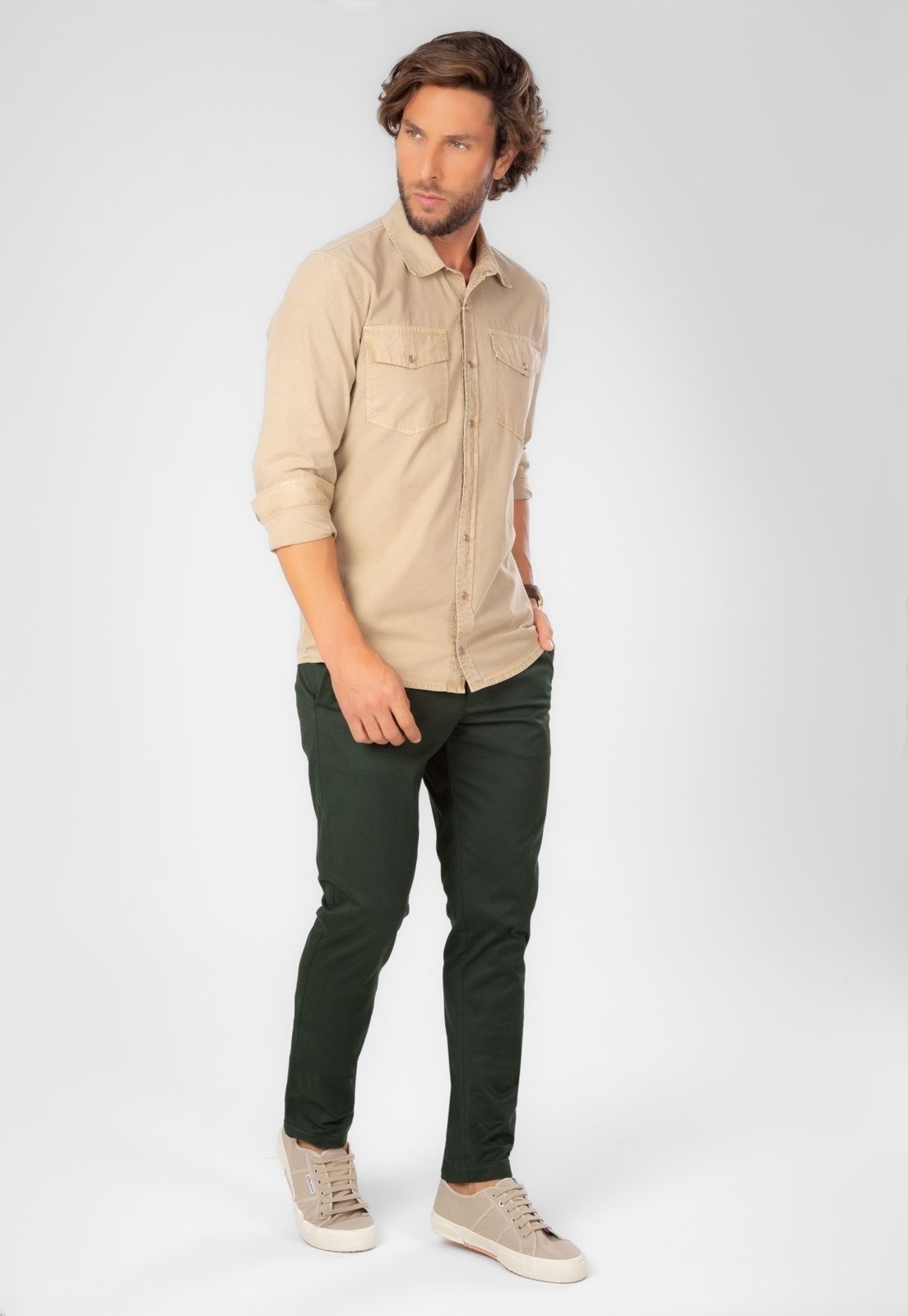 Vista 2 Calça Traymon Skinny Algodão Egípcio Musgo verde Traymon verde