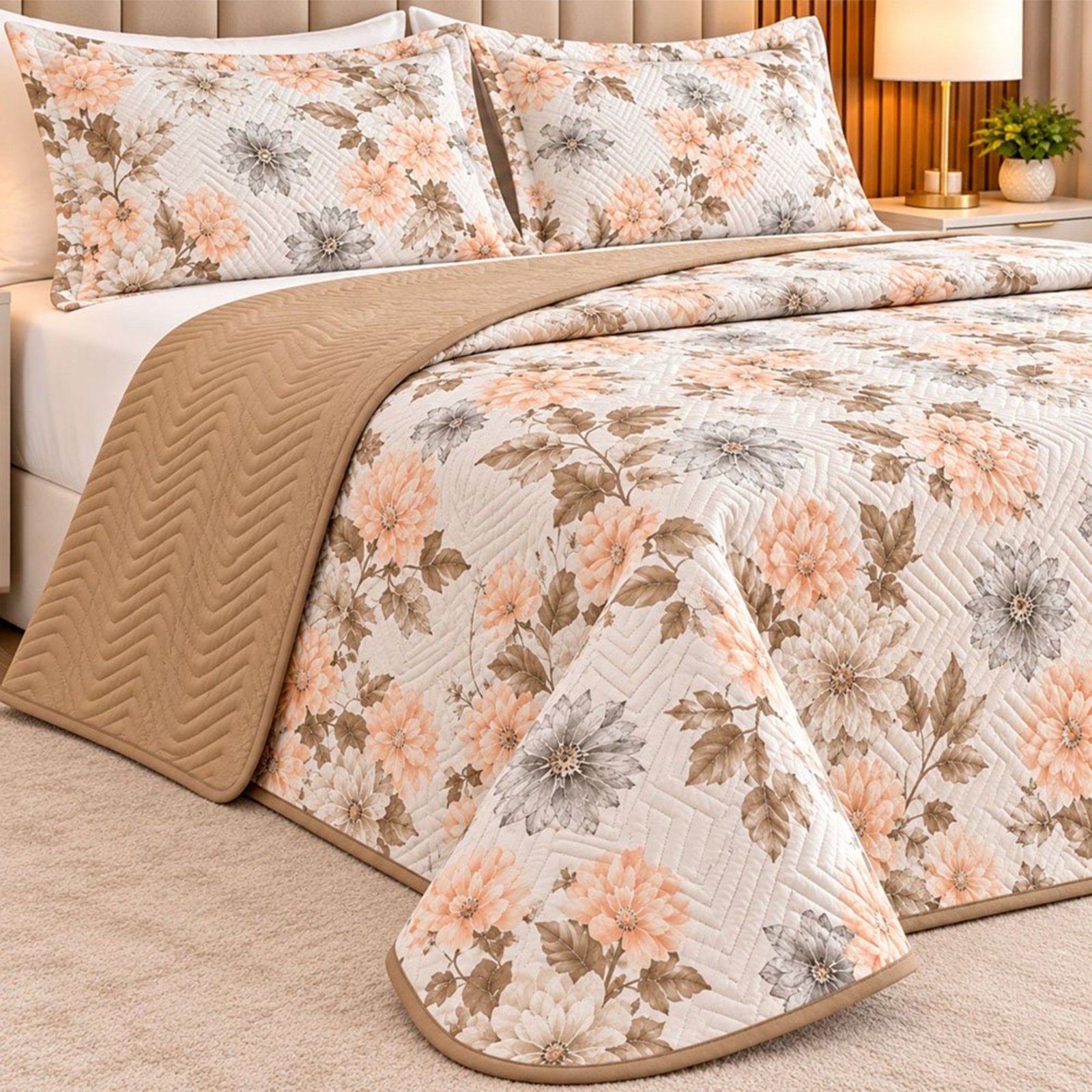 Cobre Leito Colcha Floraltta Queen 3 Peças Percal 150 Fios Dupla Face - Bege