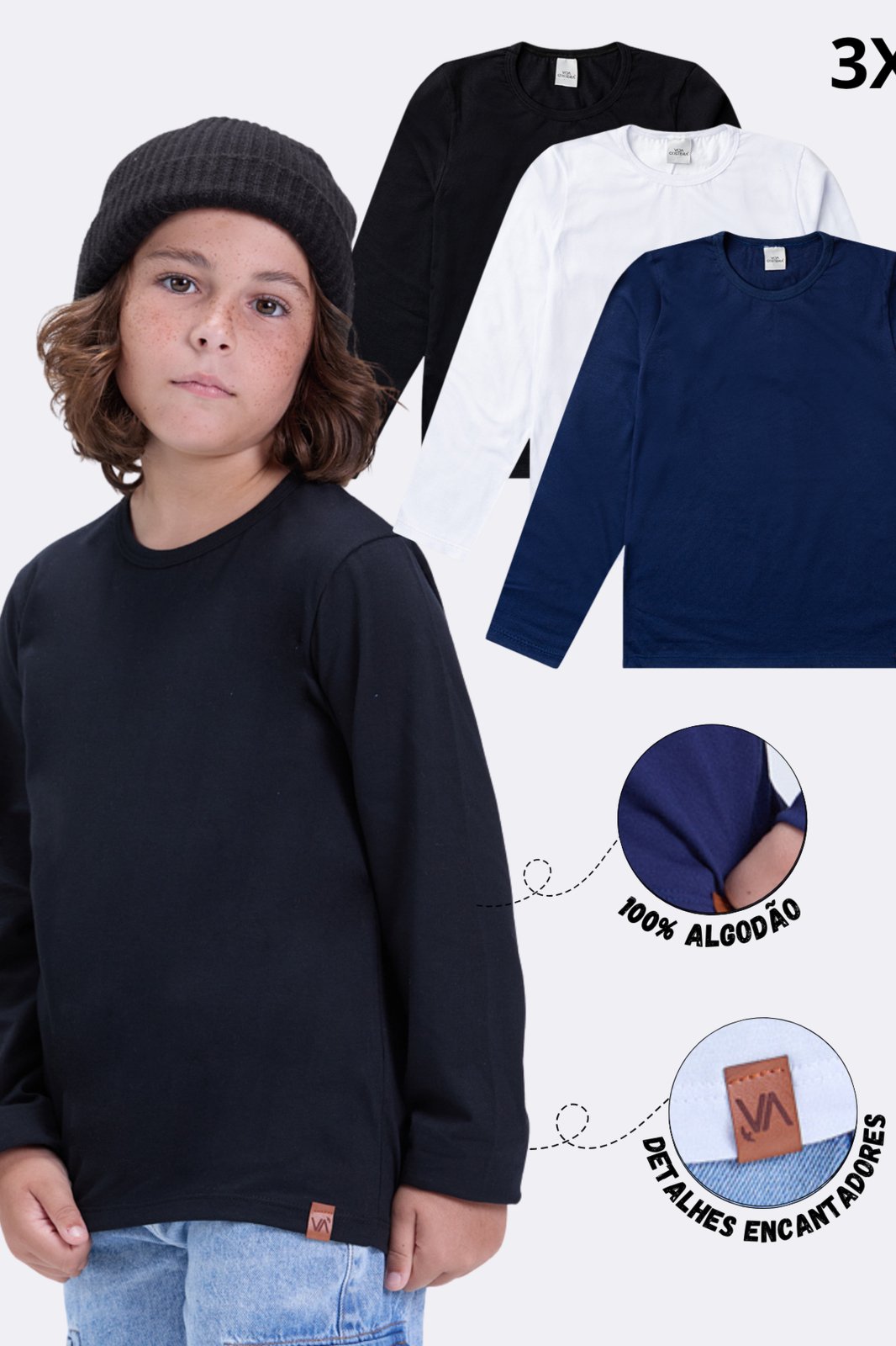 Infantil - Kit 3 Camisetas Manga Longa Inverno Algodão