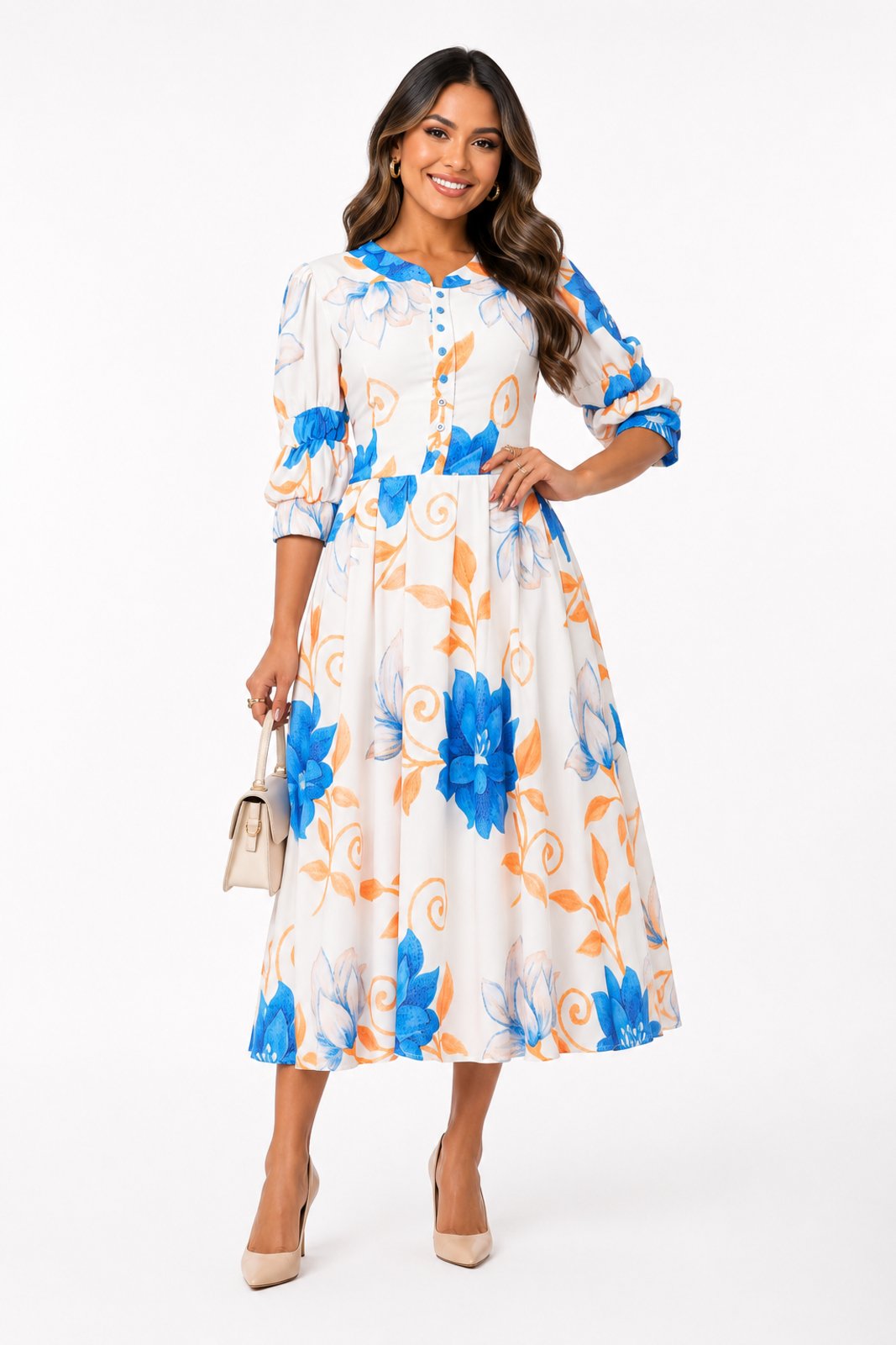 Vestido Midi D Bell Outlet Fashion Romântico Botões Branco