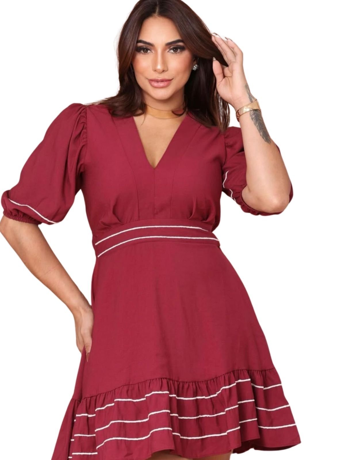 Vestido Summer body Feminino Curto com Babado & Manga Bufante Bordô