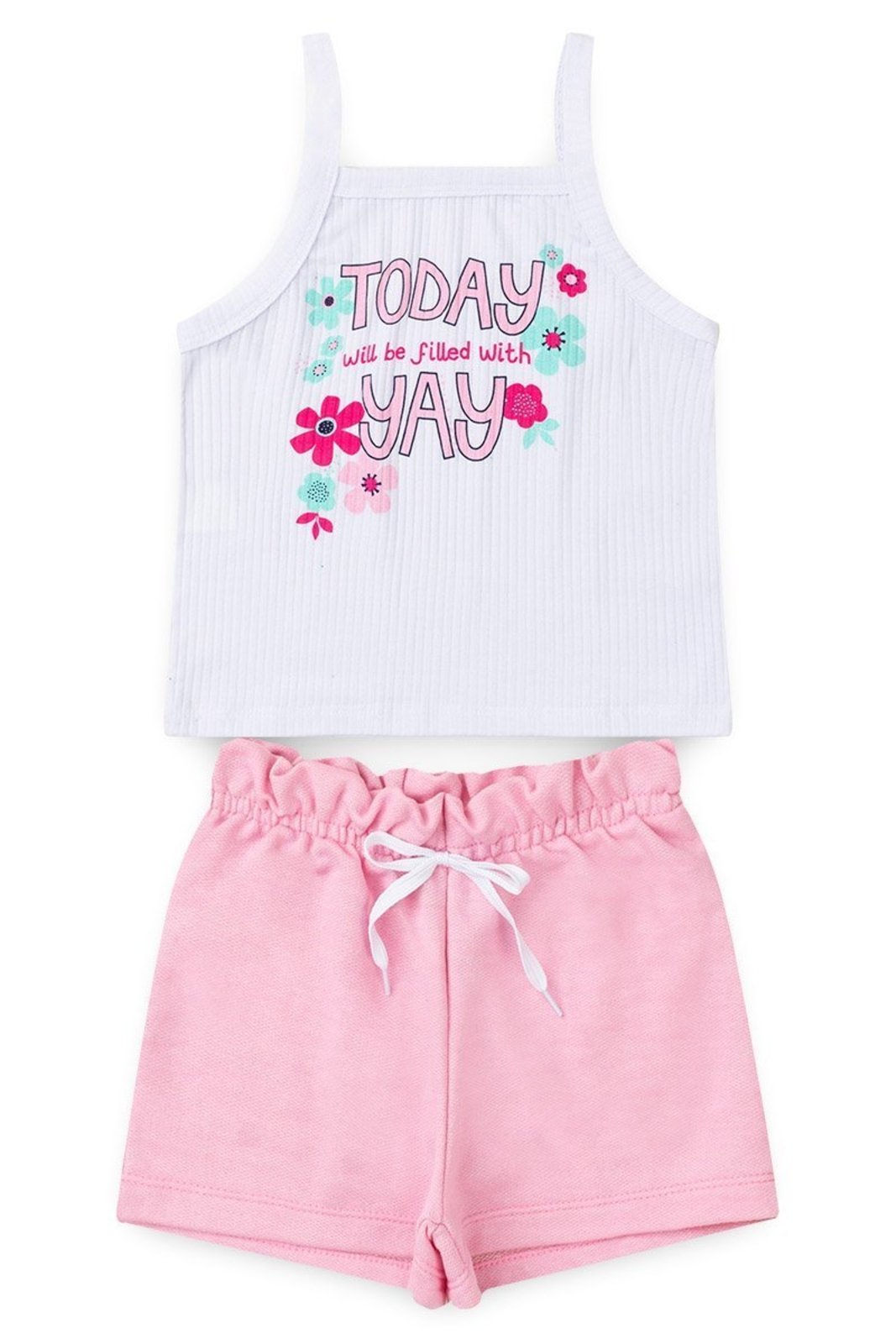 Infantil - Conjunto Menina Blusa Cropped de Alcinha Canelada e Shorts Clochard com Elástico