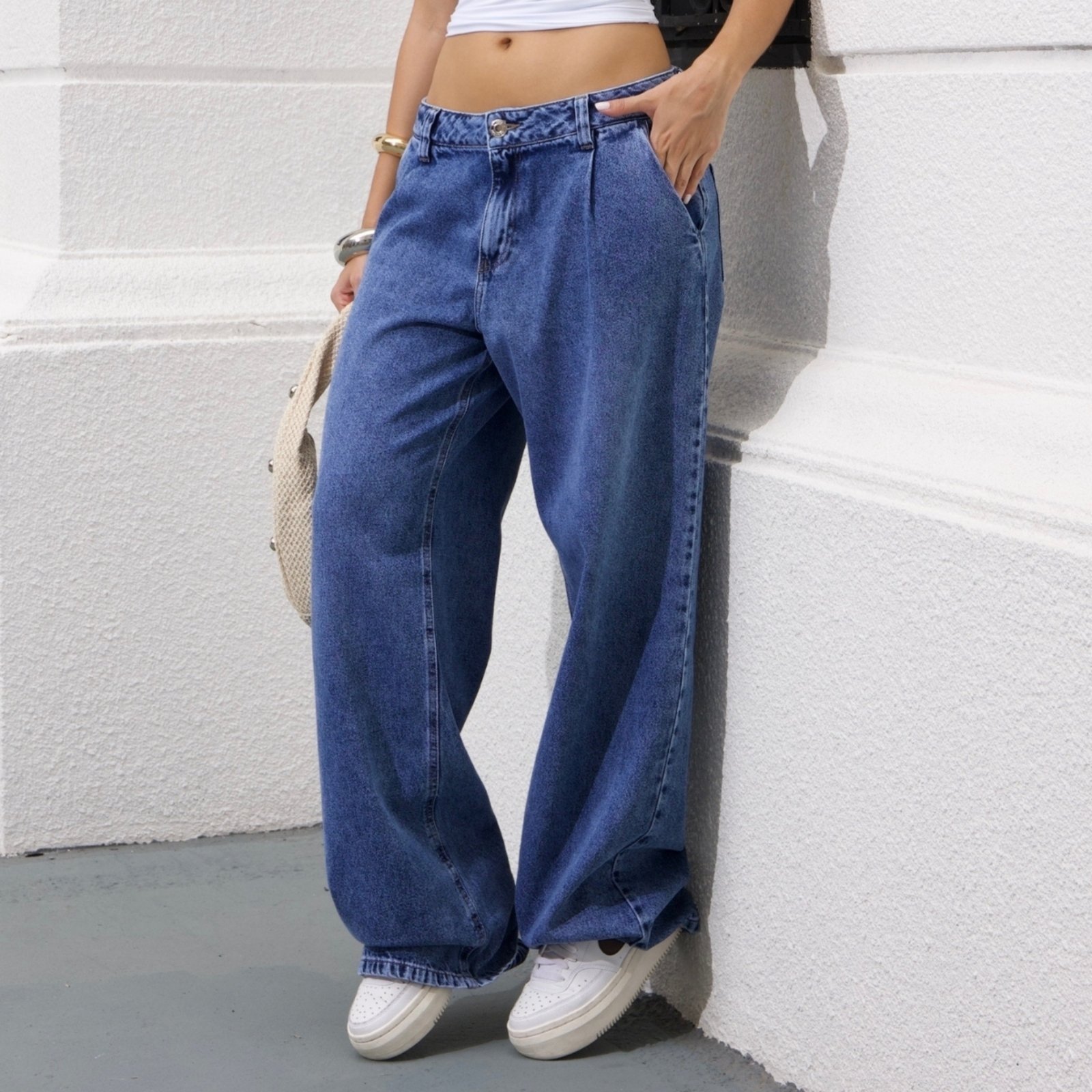 Calça Jeans Wide Leg Com Pregas Feminino Revanche Apolônia