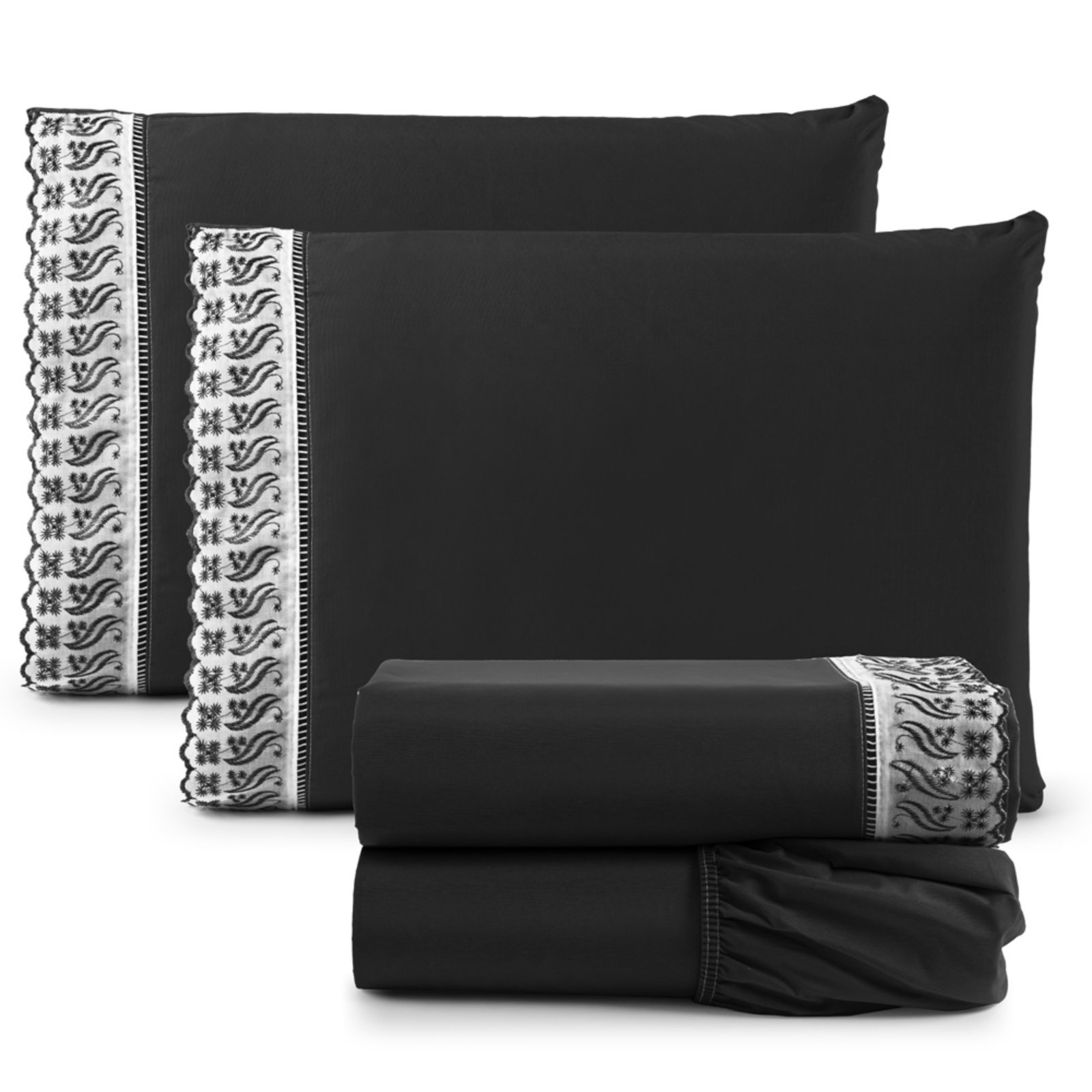 Jogo Cama Lençol Casa Scarpa Paris Queen Percal 180 Fios Algodão Lese Bordada 4 Peças - Preto