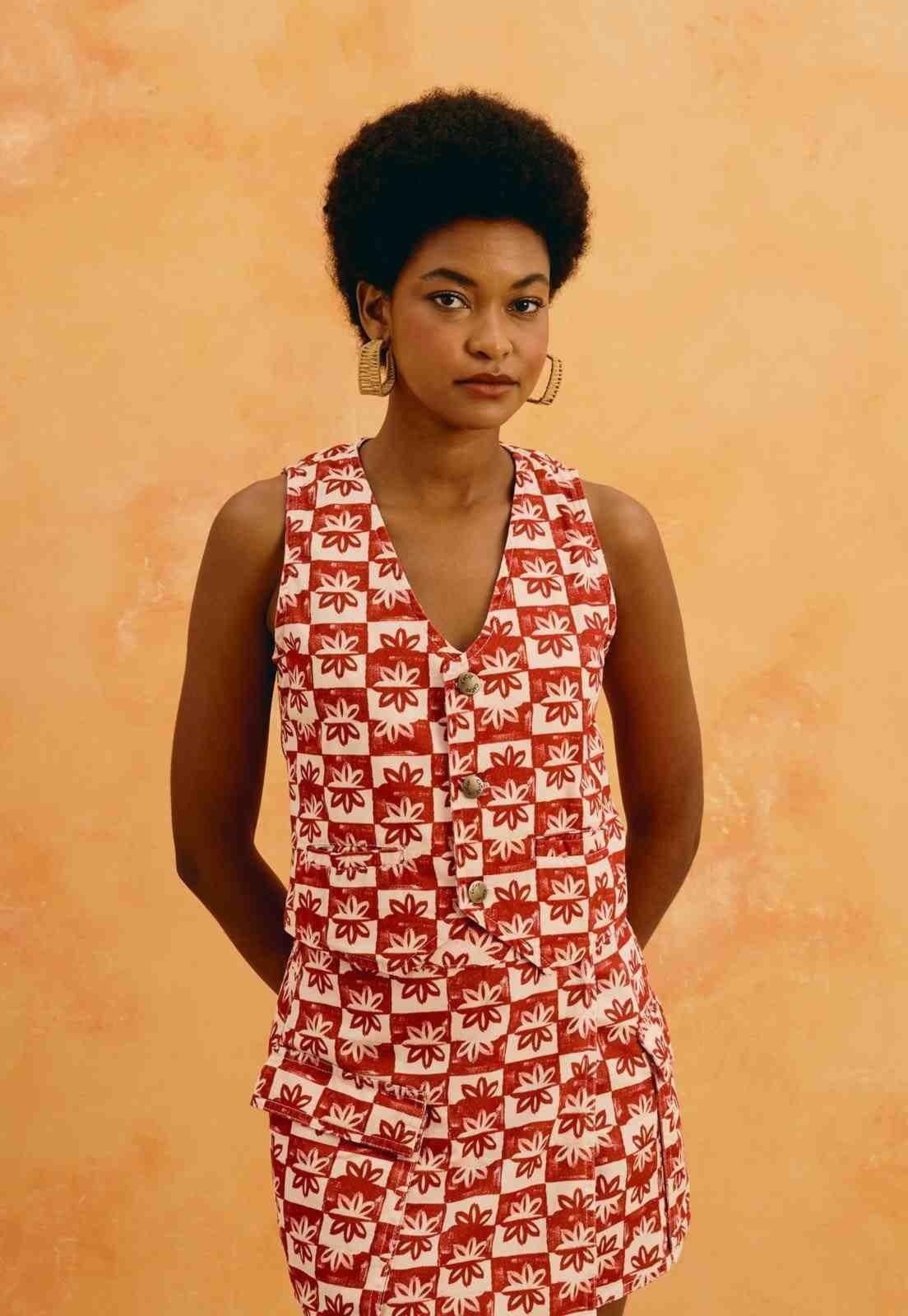 Colete Sarja Estampado Vila Rubia Vermelho