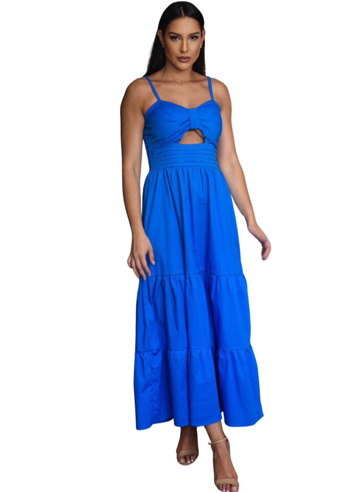 Vestido Midi Jaqueline Tricoline Abertura Alcinha Azul