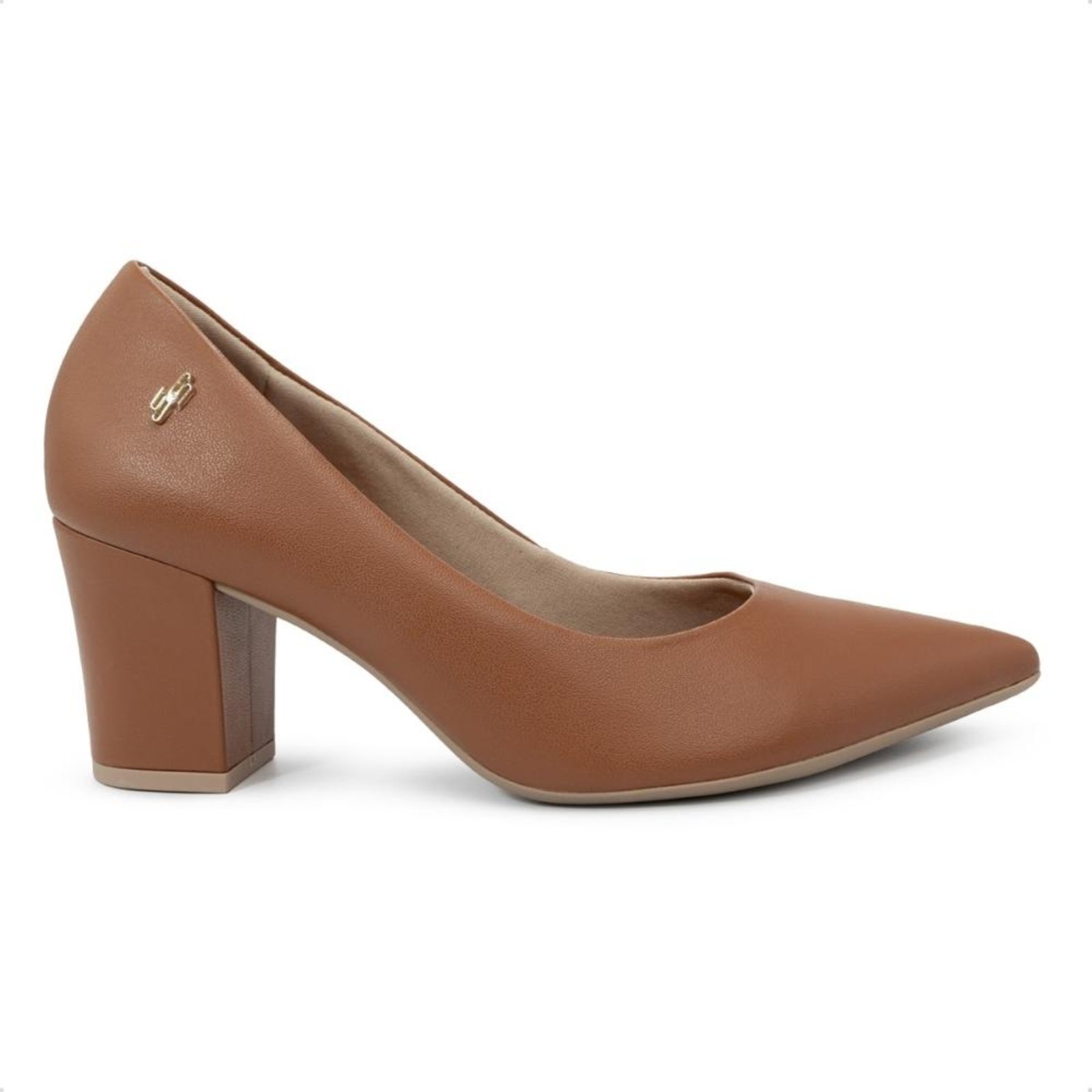 Scarpin Usaflex Feminino Salto Bloco Couro Bico Fino EP02001 Caramelo