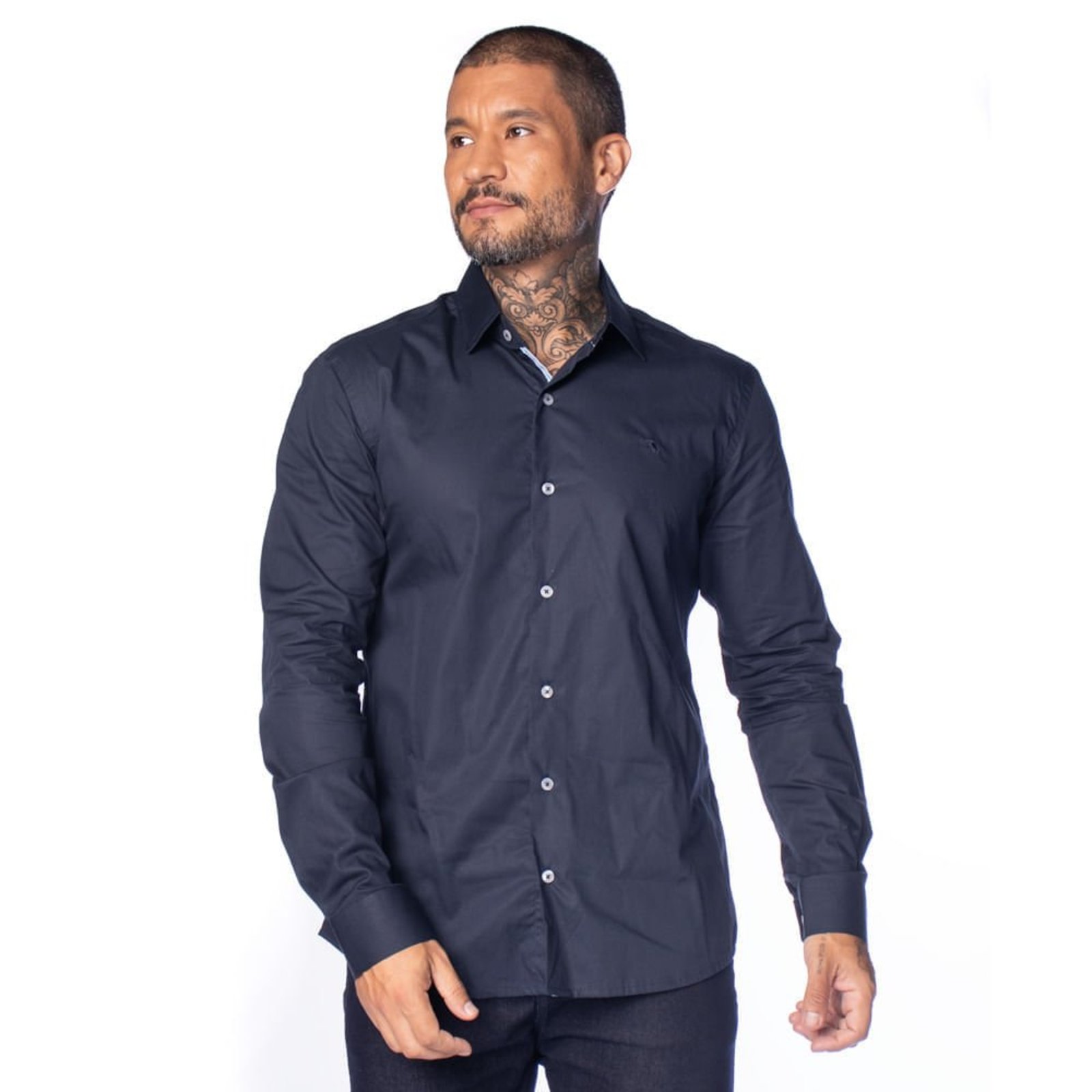 Camisa Masculina Amil Slim Faixa Azul Claro Leve Marinho