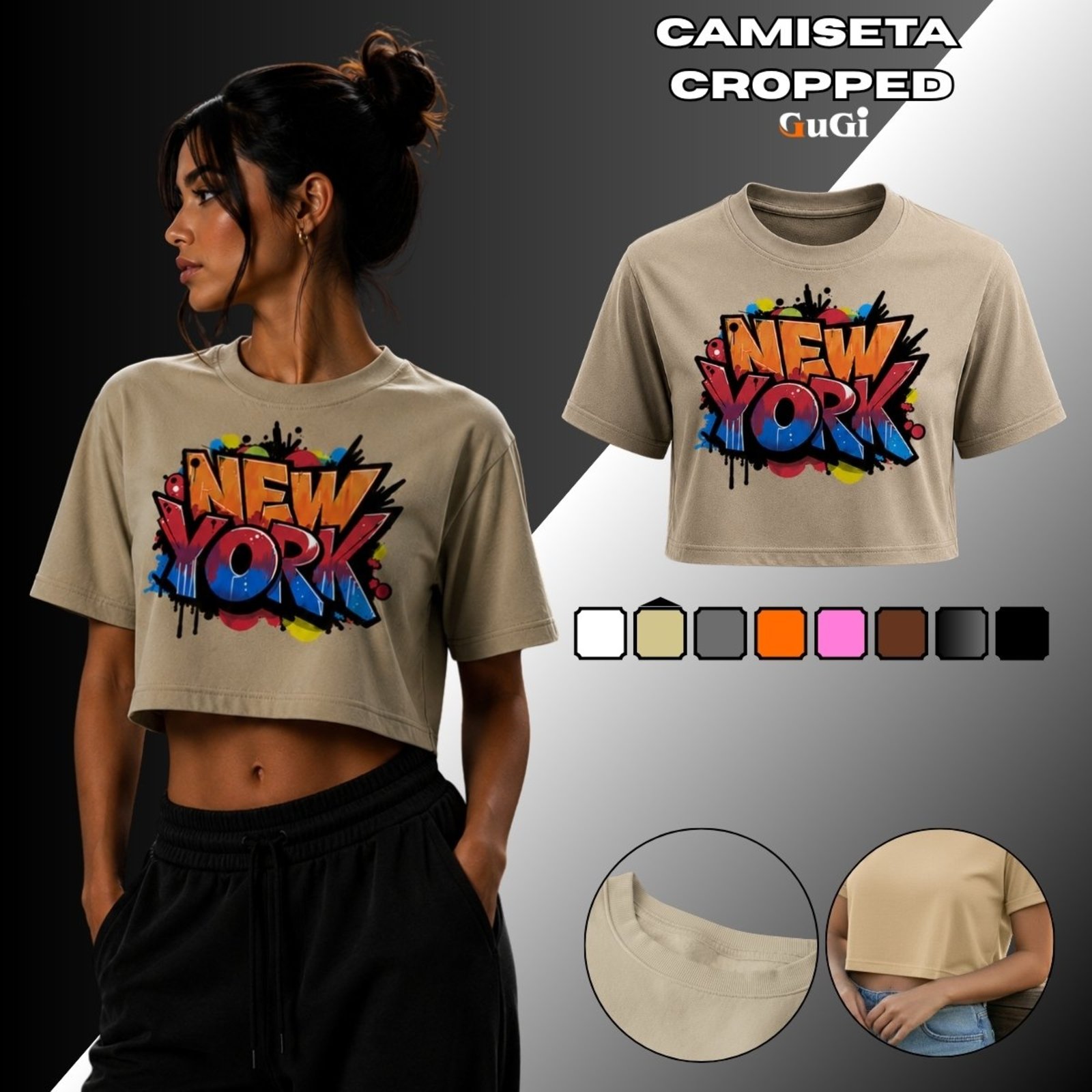 Camiseta Cropped Feminina Estampada Grafitti New York 100% Algodão Caqui