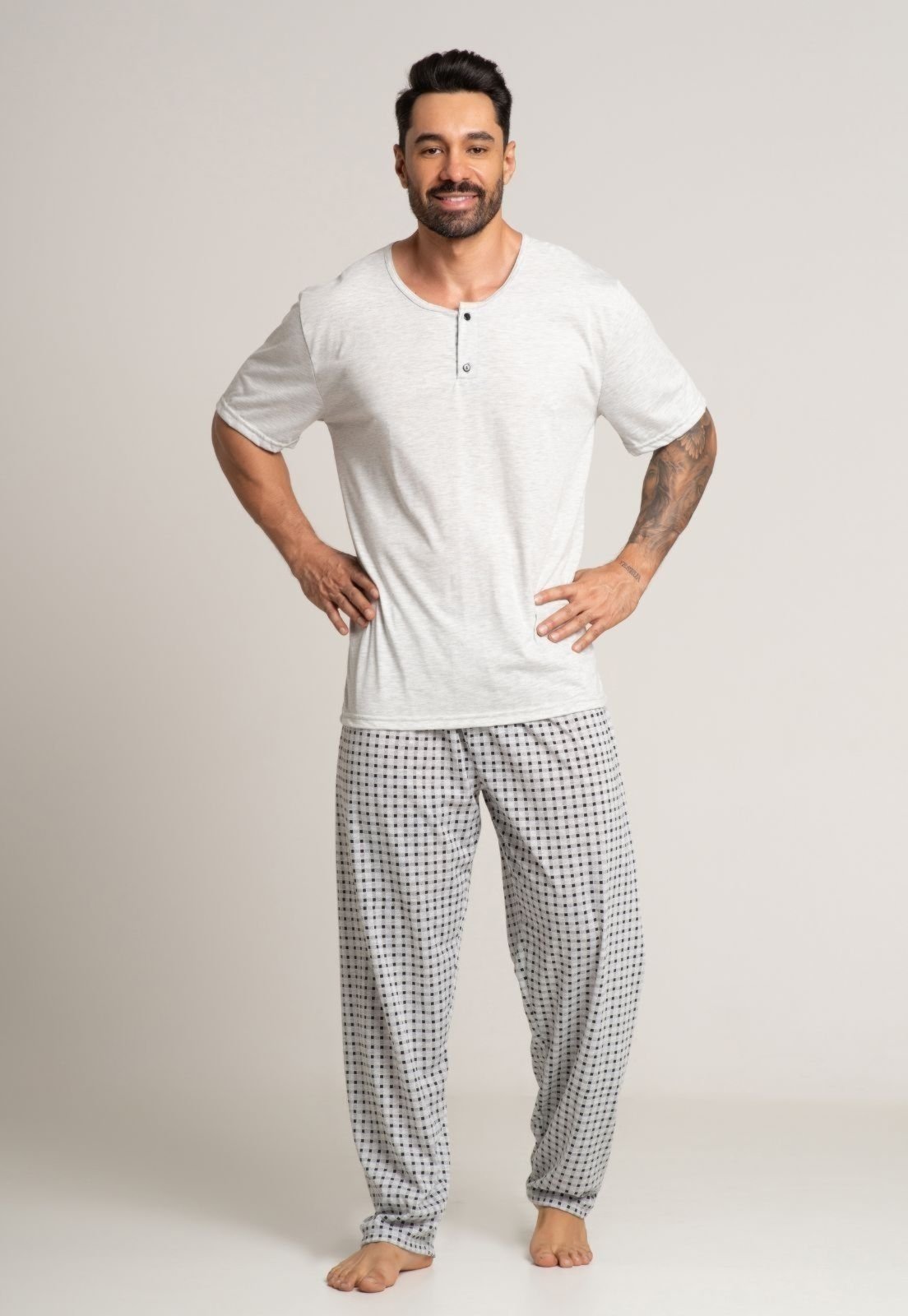 Pijama Serra e Mar Modas Masculino Calça e Manga Curta Cinza