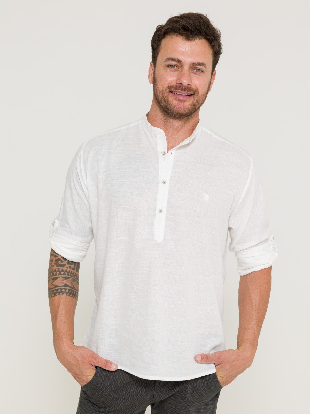 Bata Social Algodão Masculina Olimpo Gola Padre Manga Longa Branca Off-White