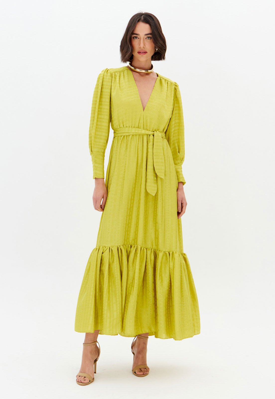 Vestido Feminino Lança Perfume Longo Manga Longa Amarelo