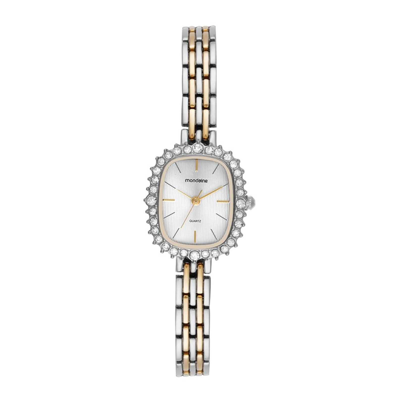 Relógio Feminino Quadrado Cristais Prata e Dourado Mondaine