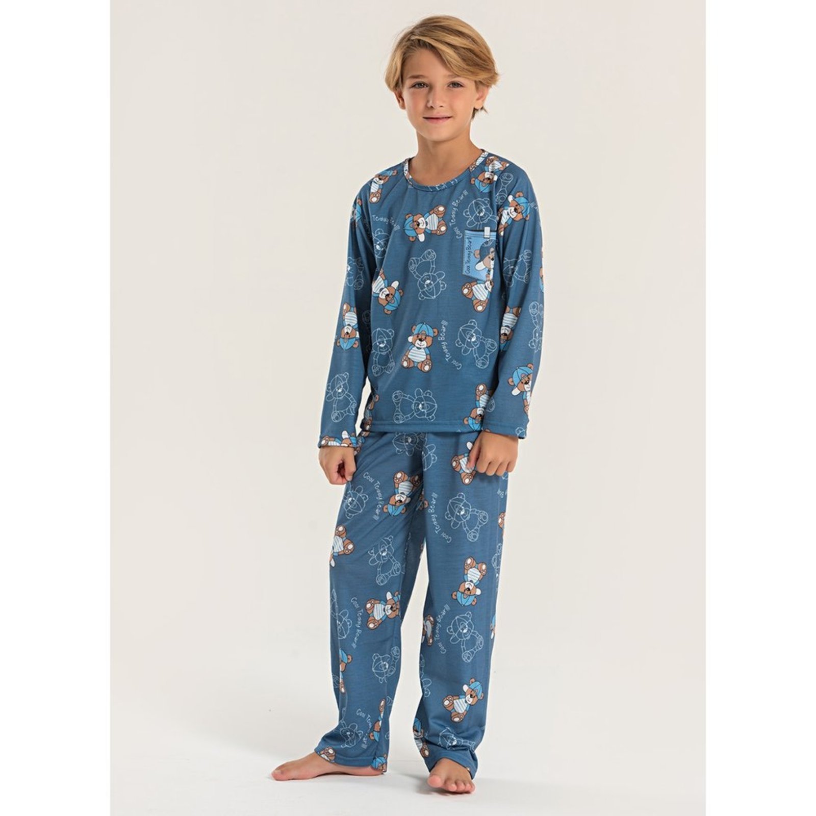 Pijama Longo Menino Azul Blusa e Calça Ursinho com Boné
