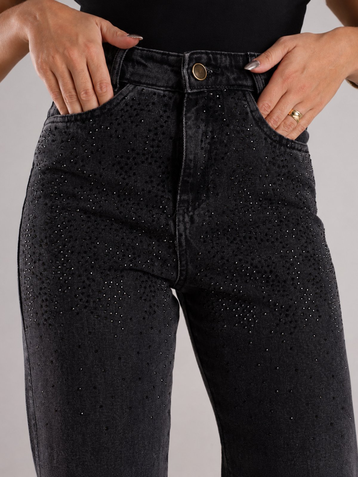Calça Donna De Paula Wide Leg Cinza Grafite Com Brilhos E Strass Cintura Alta Feminina