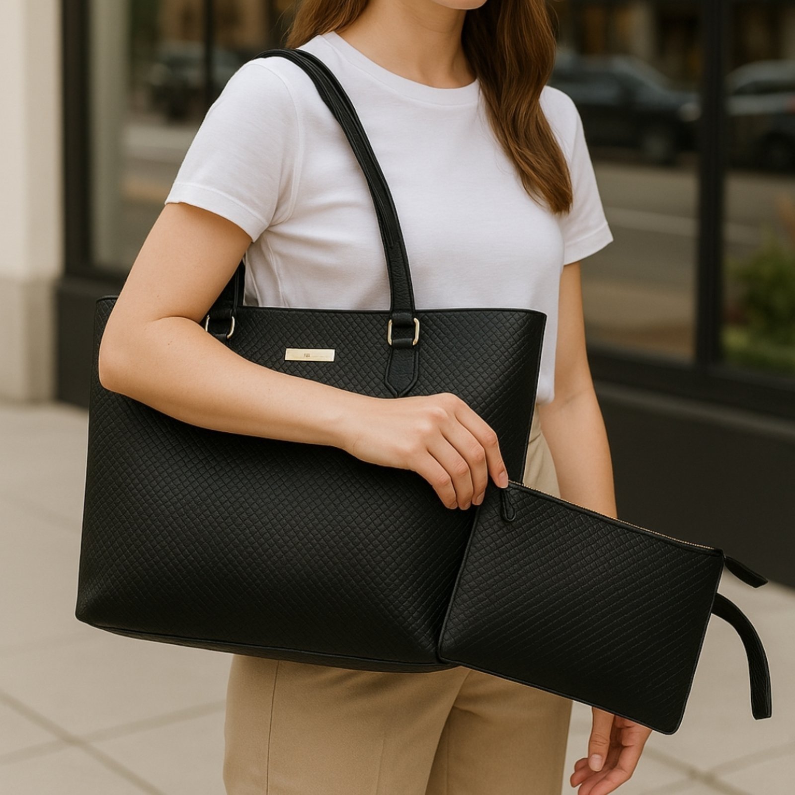Kit 3 Peças Bolsa Shopper Com Alça De Ombro Bolsa Média TiraColo Ajustável E Nécessaire Preto