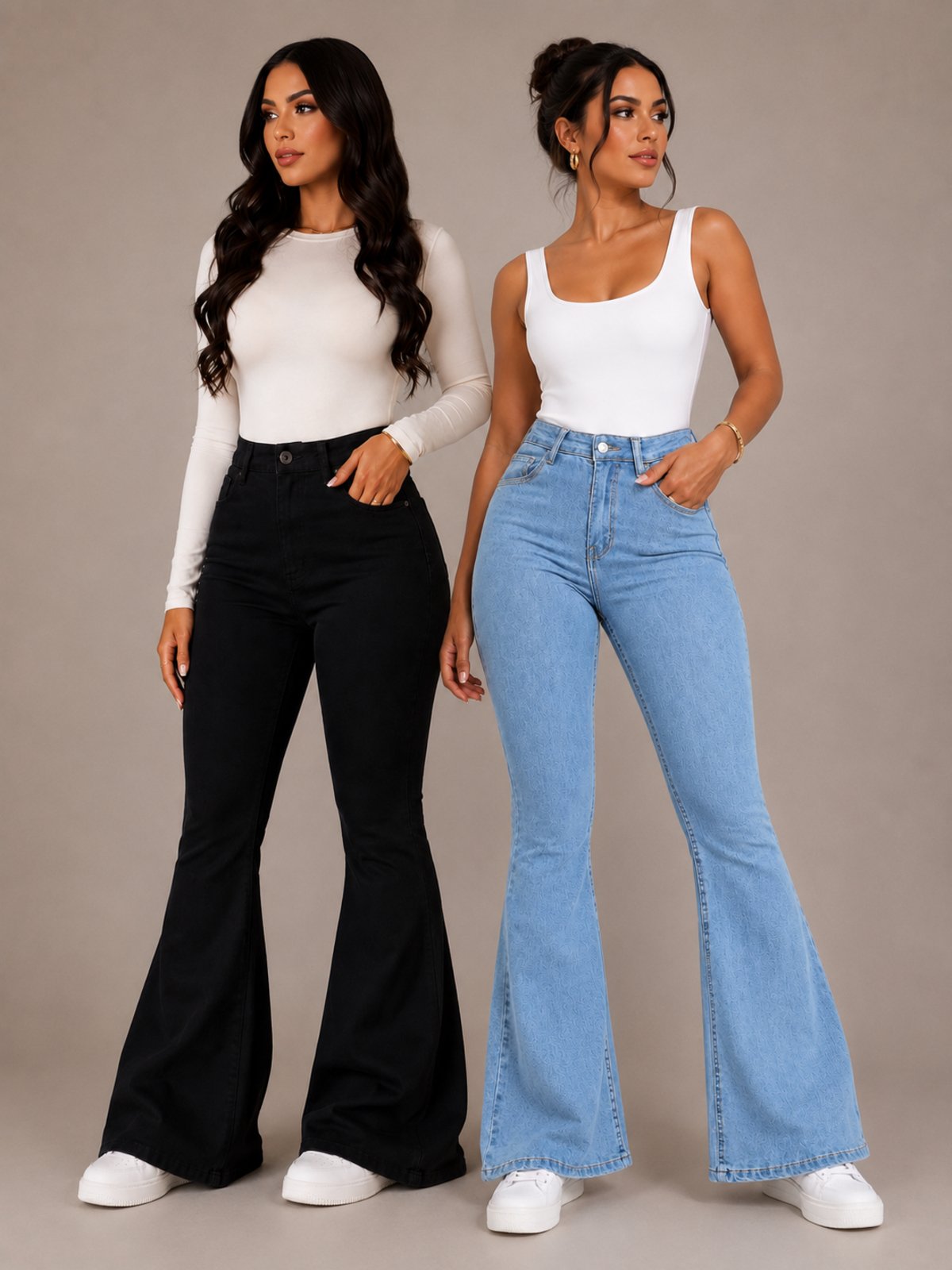 Kit 2 Calças Flare Feminina Mys Jeans Cintura Alta Modelagem Premium Preta + Delavê