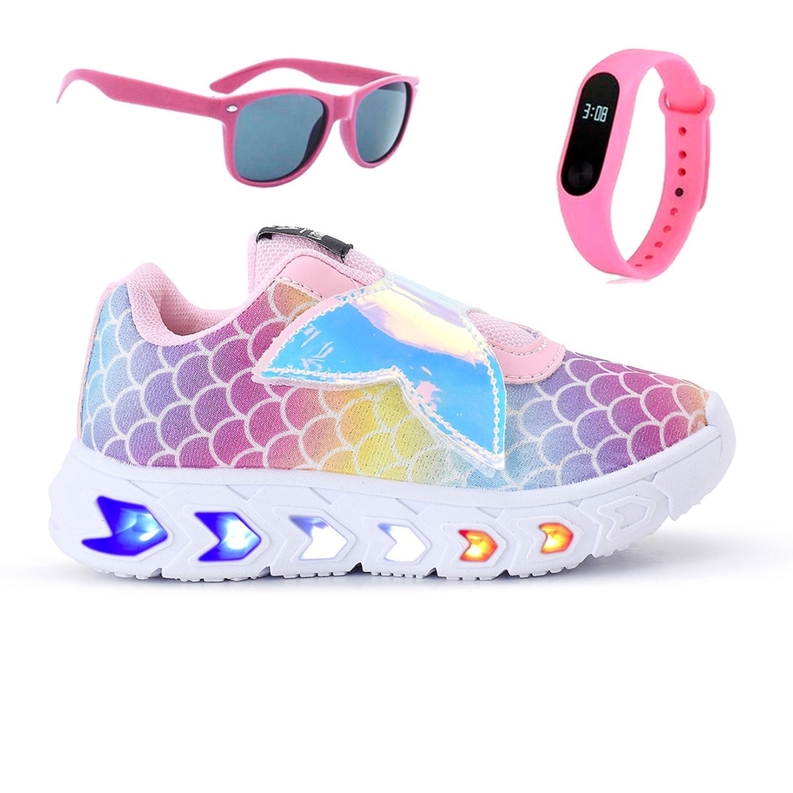 Infantil – Tenis de Led Meninas Casual Escolar Sereia Glitter + Oculos e Relogio