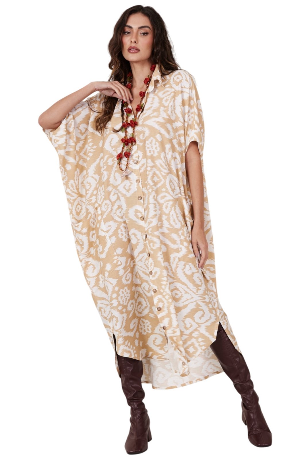 Chemise Midi Botões Mostarda Estampado Yacamim L6 – Estampado