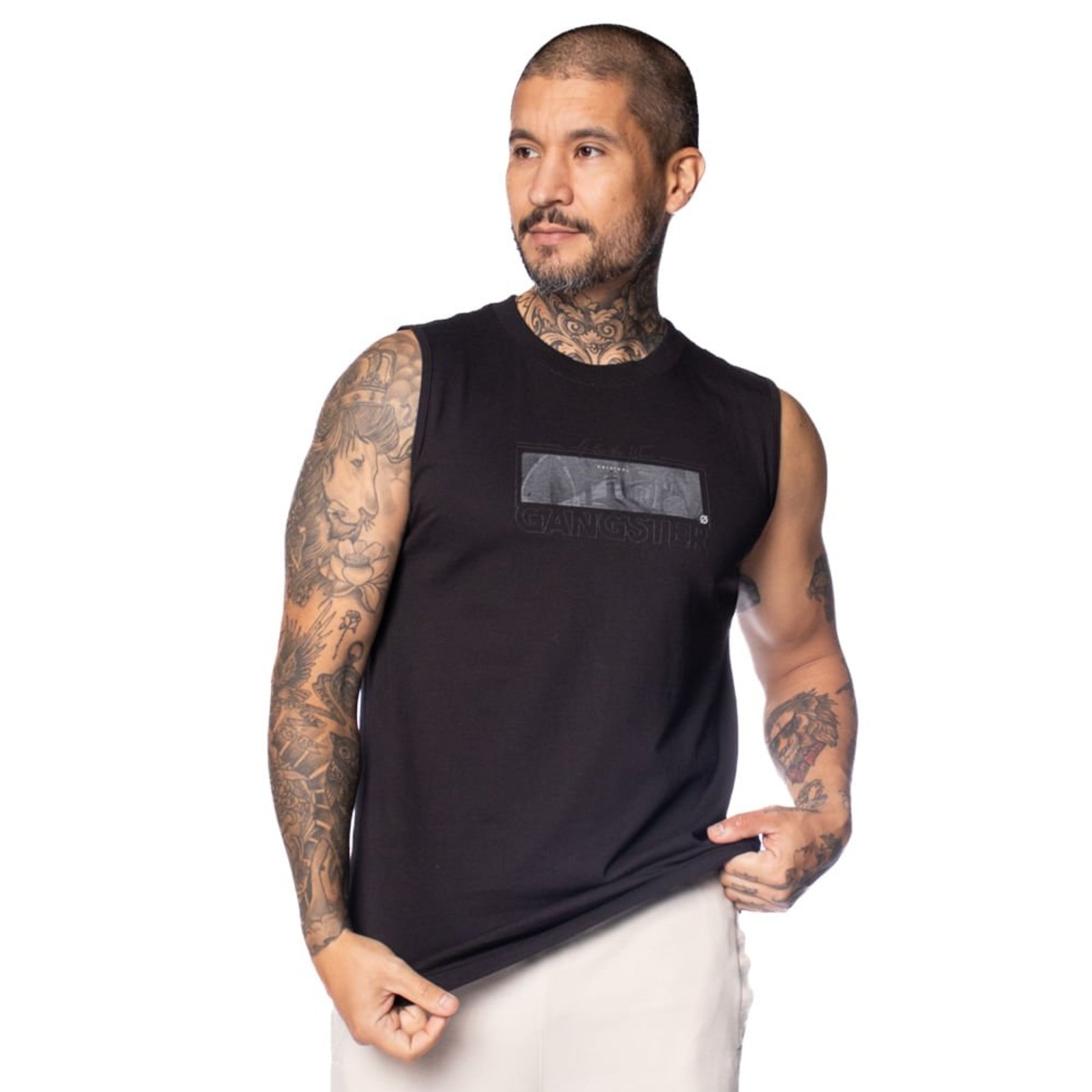 Vista 2 Regata Masculina Gangster Estampa Emborrachada preto Gangster preto
