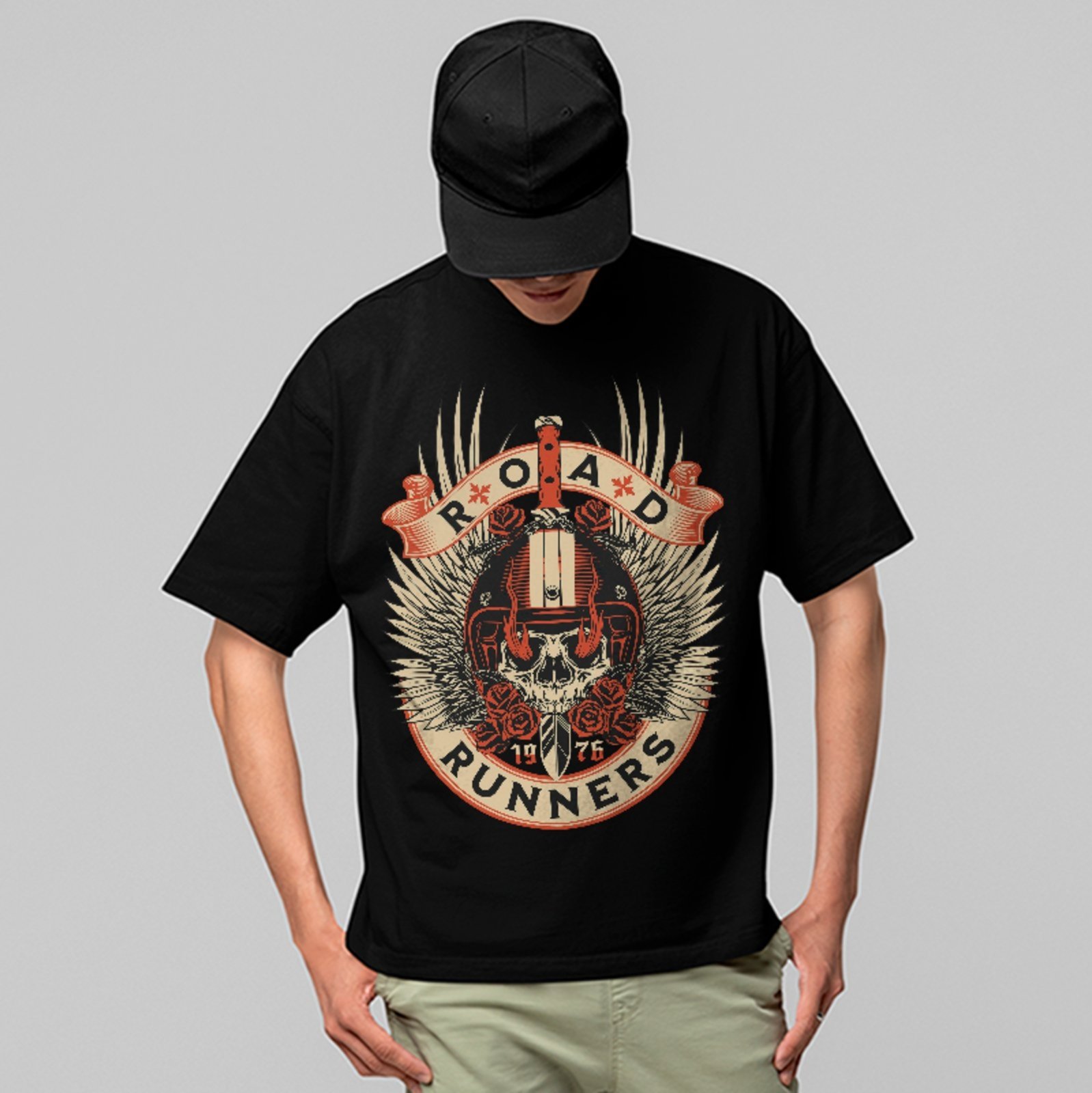 Camiseta Oversized Premium Road Runners Biker Skull Motorcycle Unissex Preto