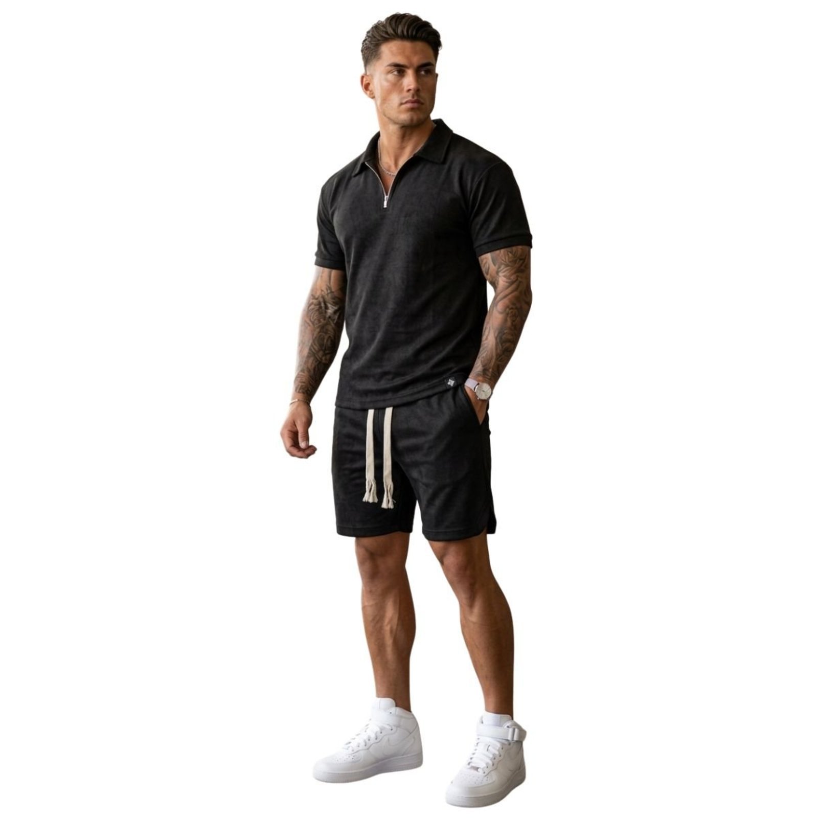Conjunto Masculino Oversized Suedine Premium Polo Zíper Bermuda Preto