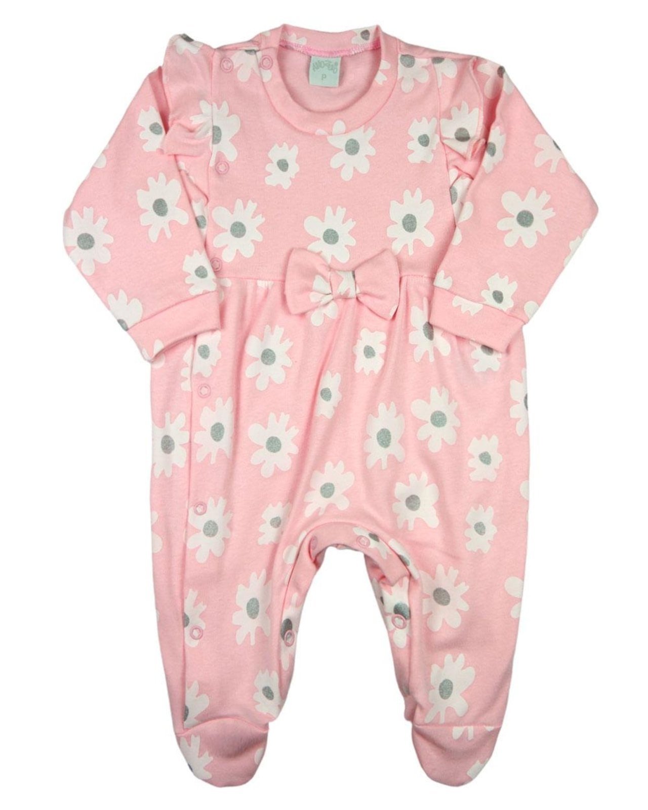 Infantil - Macacão Menina Suedine Estampado Algodão Manga Longa Comprido Floral - Rosa