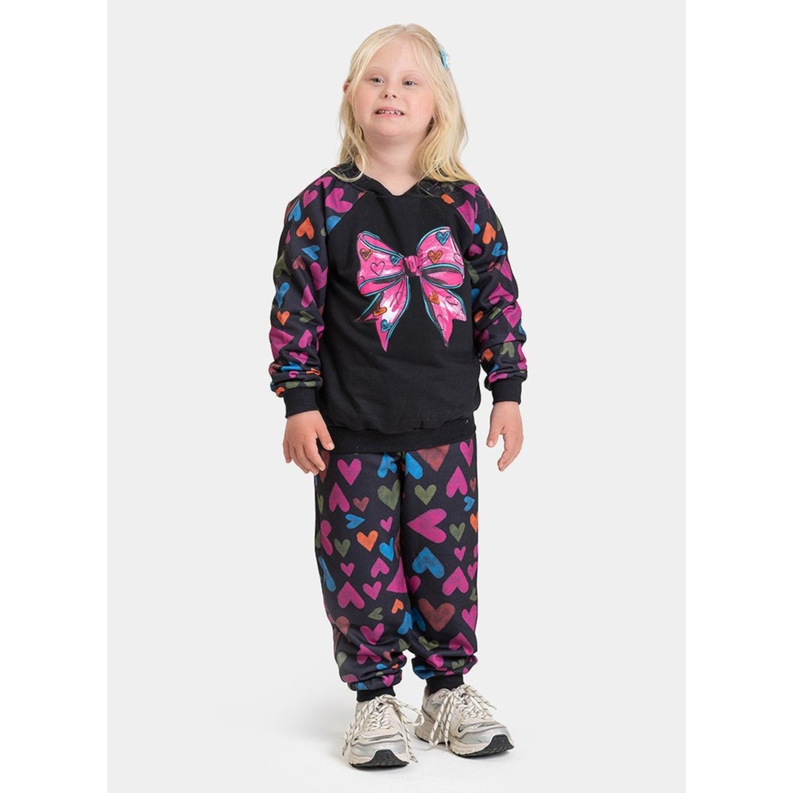 Infantil - Conjunto Inverno Menina Preto Blusão Raglan Laço e Calça em Moletom Corações