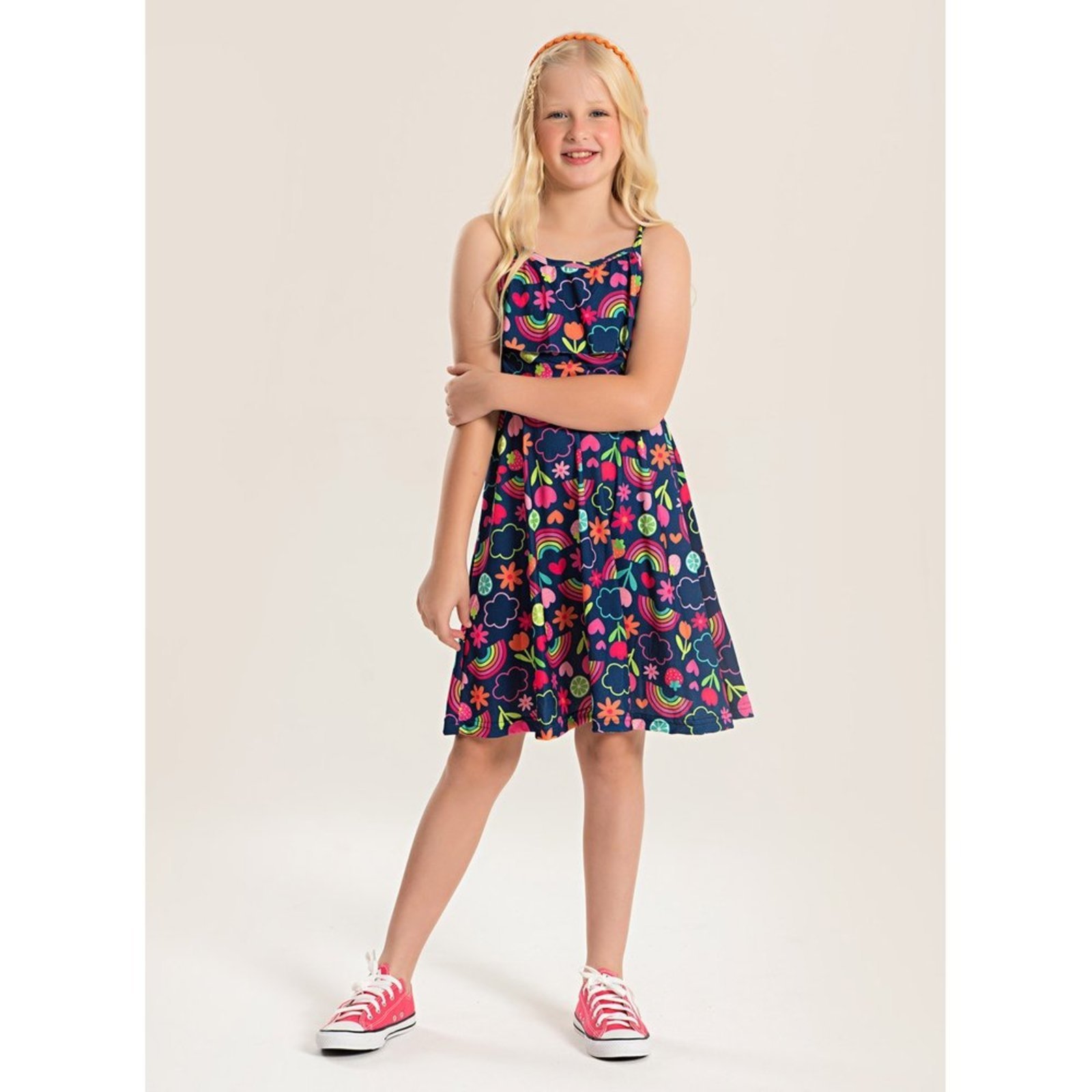 Infantil – Vestido Molekada Alcinha Verão Menina Marinho com Babado Jardim Frutado
