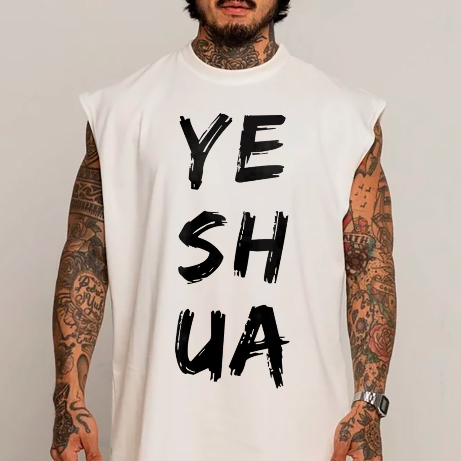 Camiseta Regata Machão Gospel Yeshua Nome Jesus Hebraico Fé Cristã Branco
