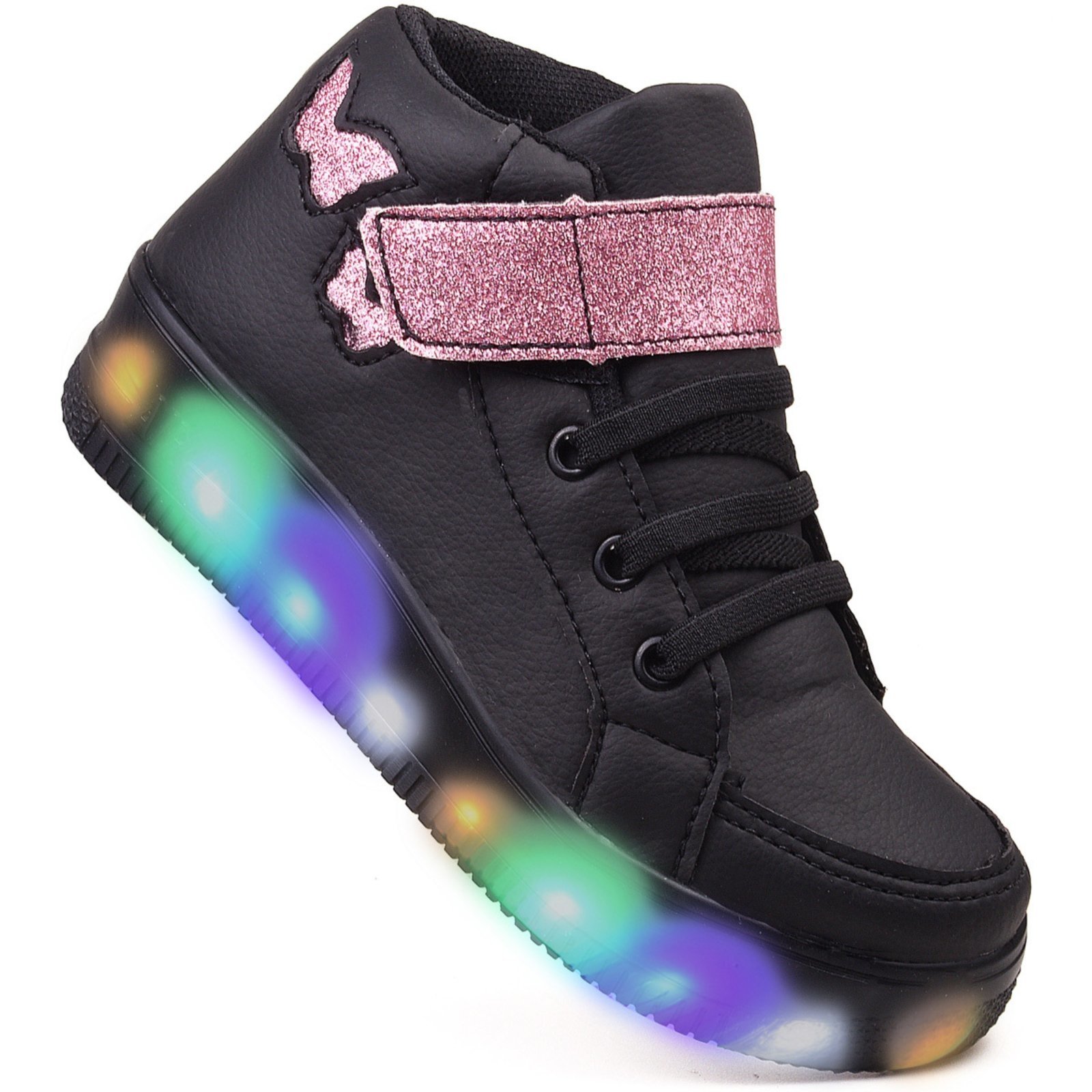 Infantil – Tenis De Led Botinha Borboleta Preto Meninas Brilhante