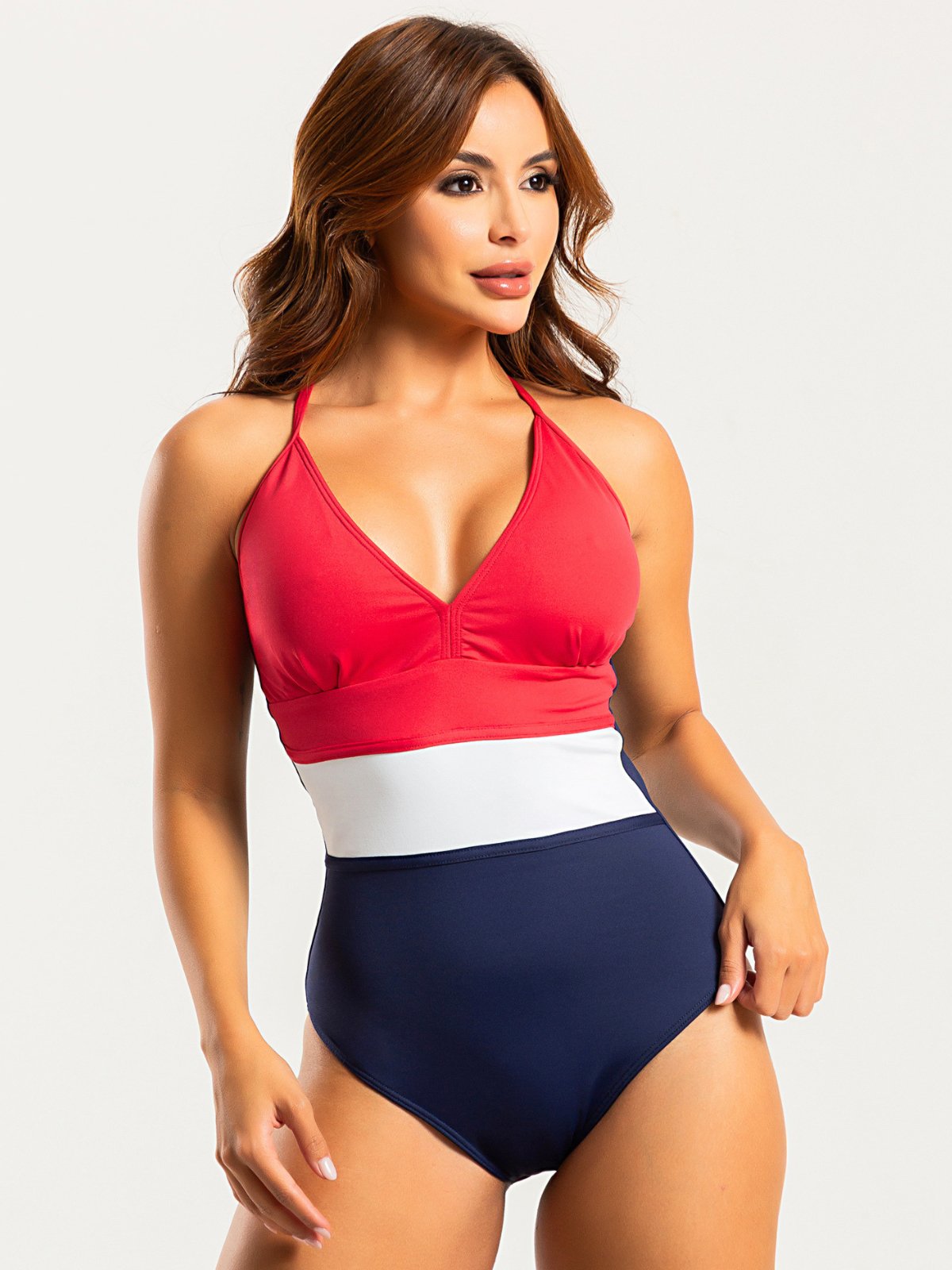 Maiô Modelador Orla da Praia Frente Única com Bojo Cortinão Discreto Tricolor Azul Marinho
