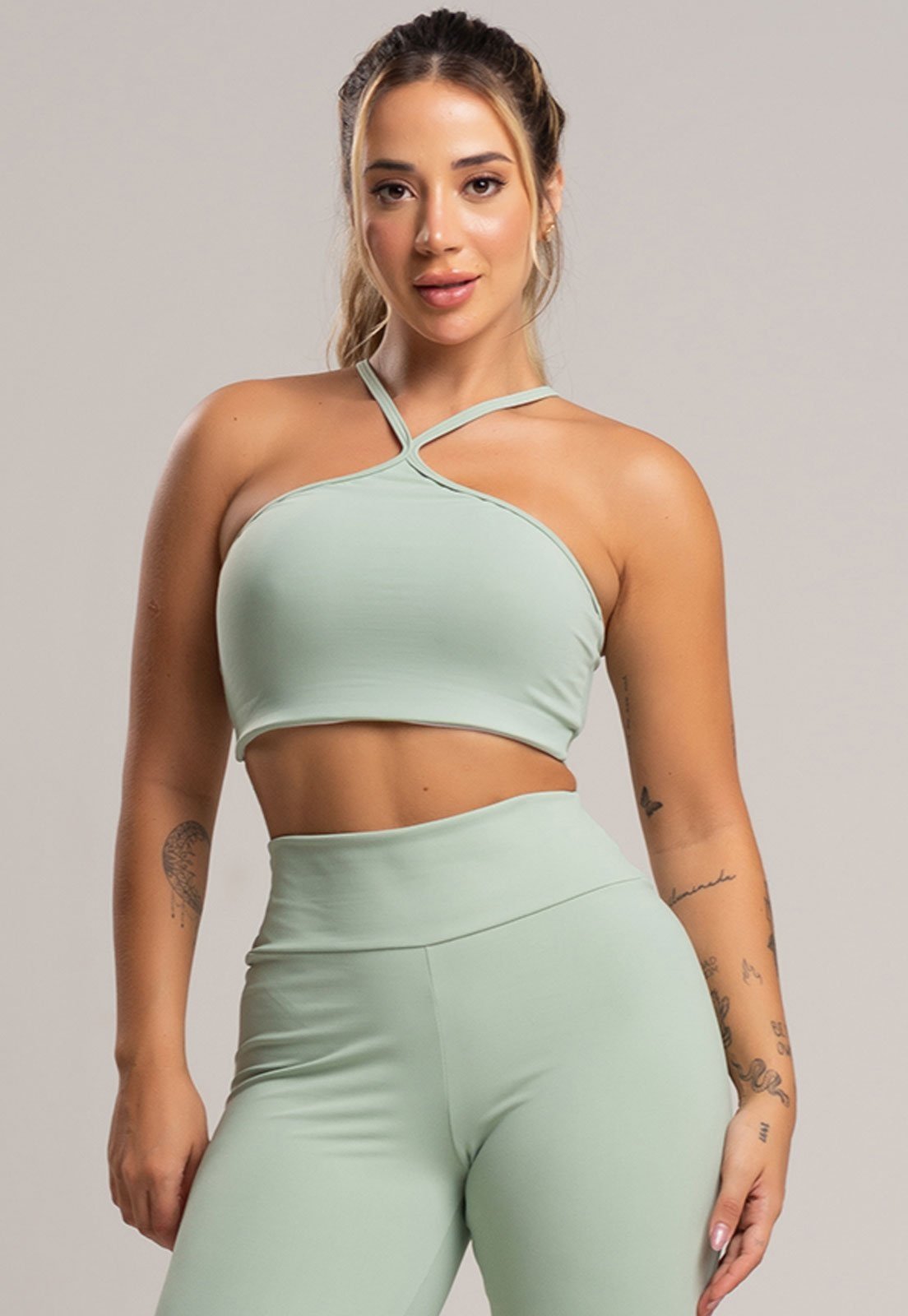 Top Fitness MVB Modas Cropped Duplo Alcinha Poliamida Pistache
