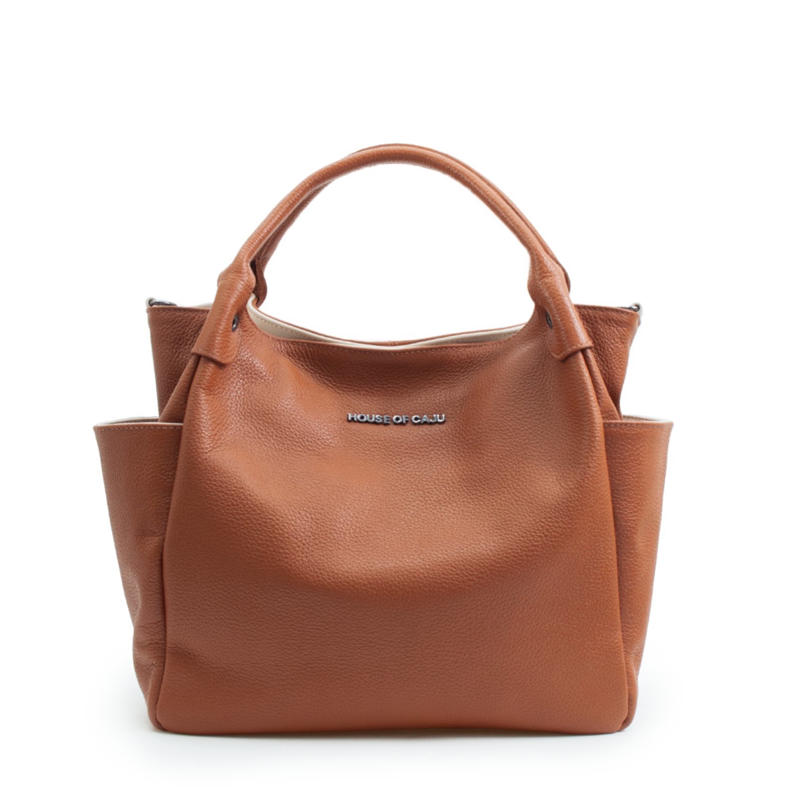 Bolsa Feminina Em Couro Alça de Mão Caramelo Com Off White “Natércia Almeida Lacerda”