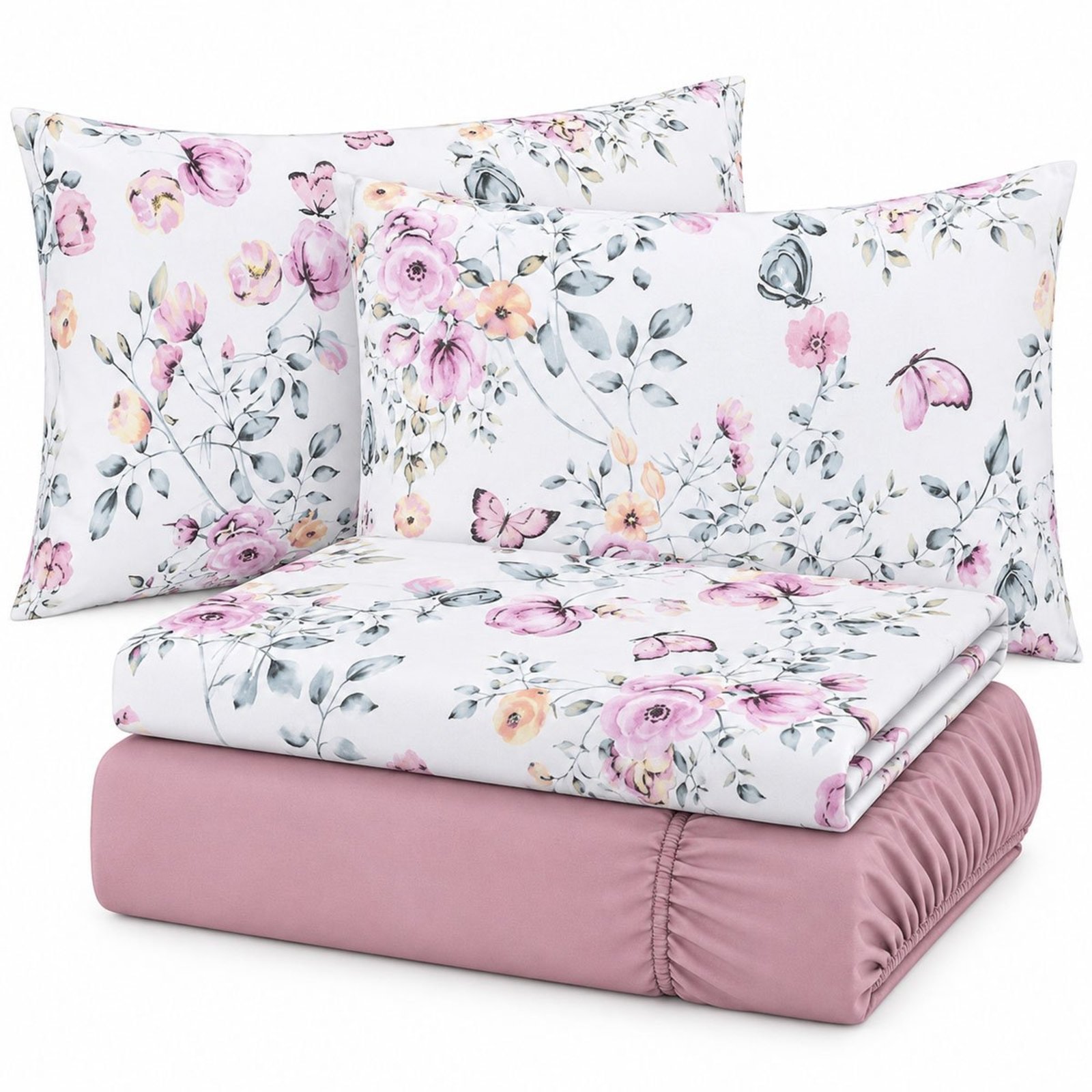 Jogo de Cama Lençol Casal Malha Soft 100% Algodão Fio Penteado Estampado Toque Macio 4 Peças Borboleta Rosa