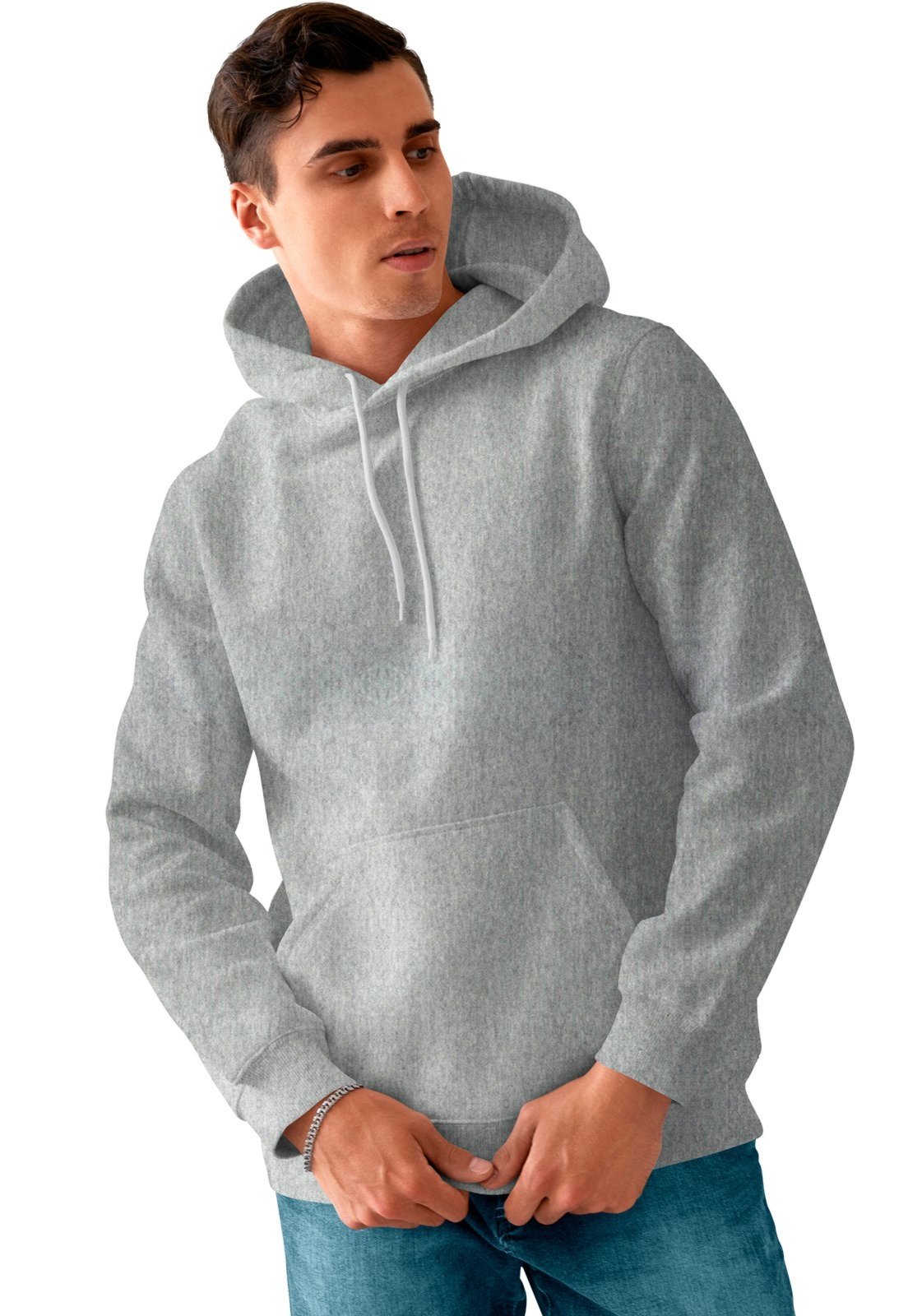 Blusa De Frio Masculina Moletom Liso Com Capuz e Bolso Canguru Felpado Cinza