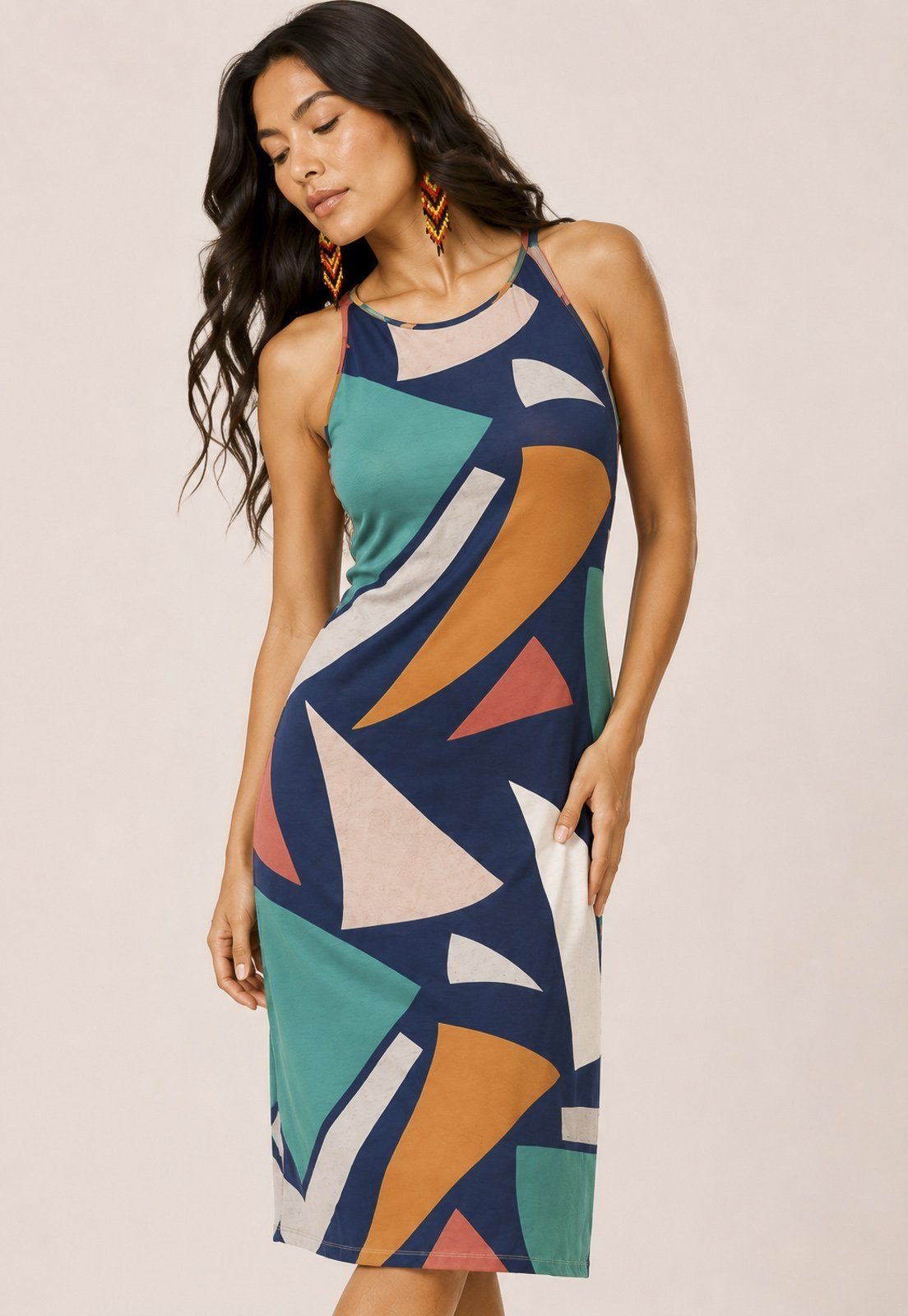 Vestido Amazonia Vital Aimara Curto Trapézio Malha Geometria do Tempo