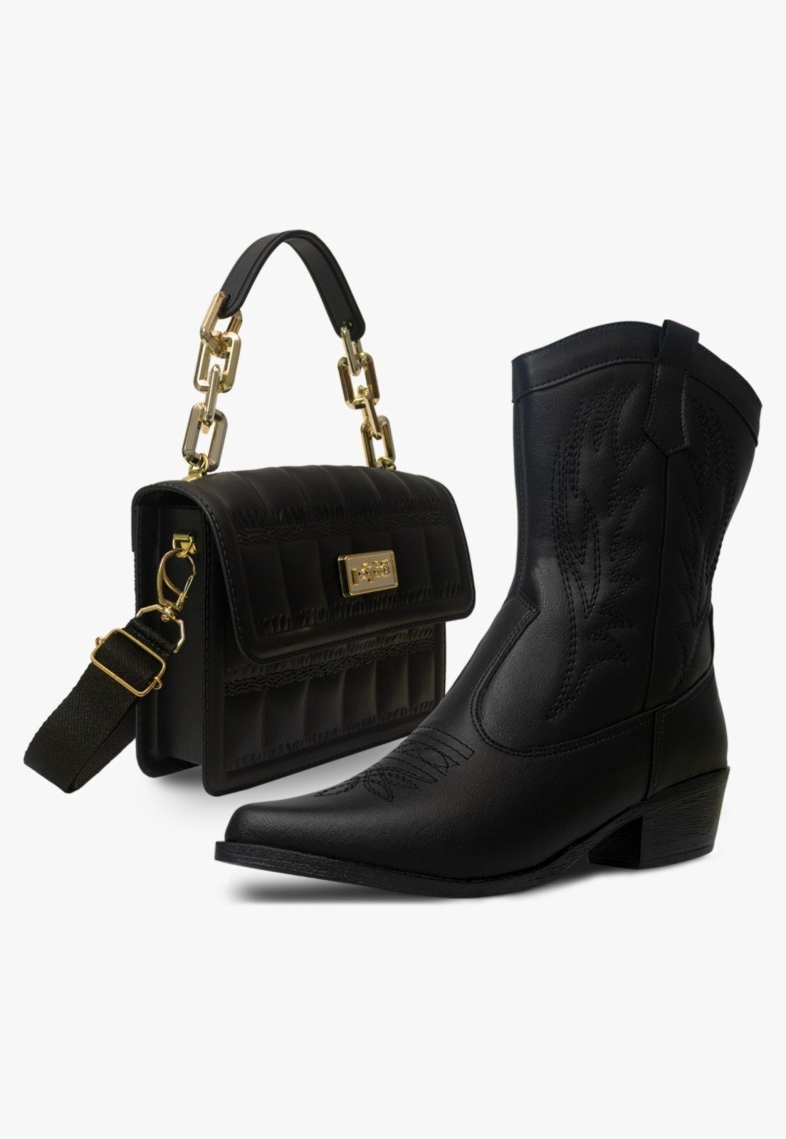 Infantil – Kit Bolsa com Bota Texana Country Western Feminina Saltinho Confortavel Pópidi Preto