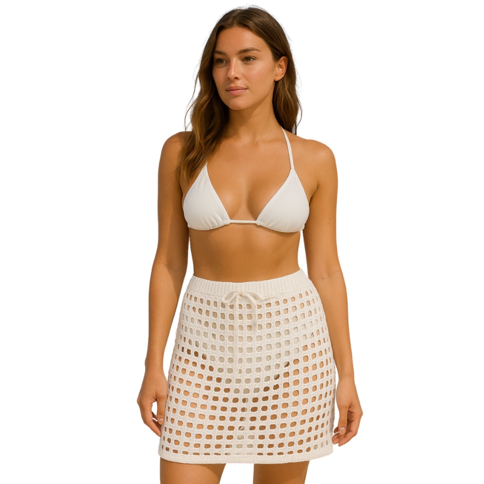 Saída de Praia Tricot Reflexo Íntimo Saia Tricotada Com Regulagem Curta Moda Verão Branco