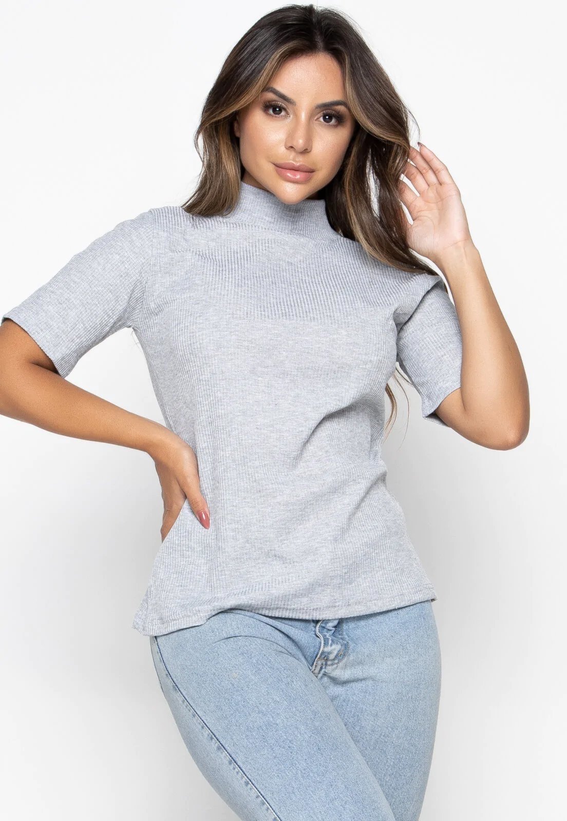Blusa Canelada Mood Modas Feminina Gola Alta Liso Inverno Cacharrel 300 Cinza