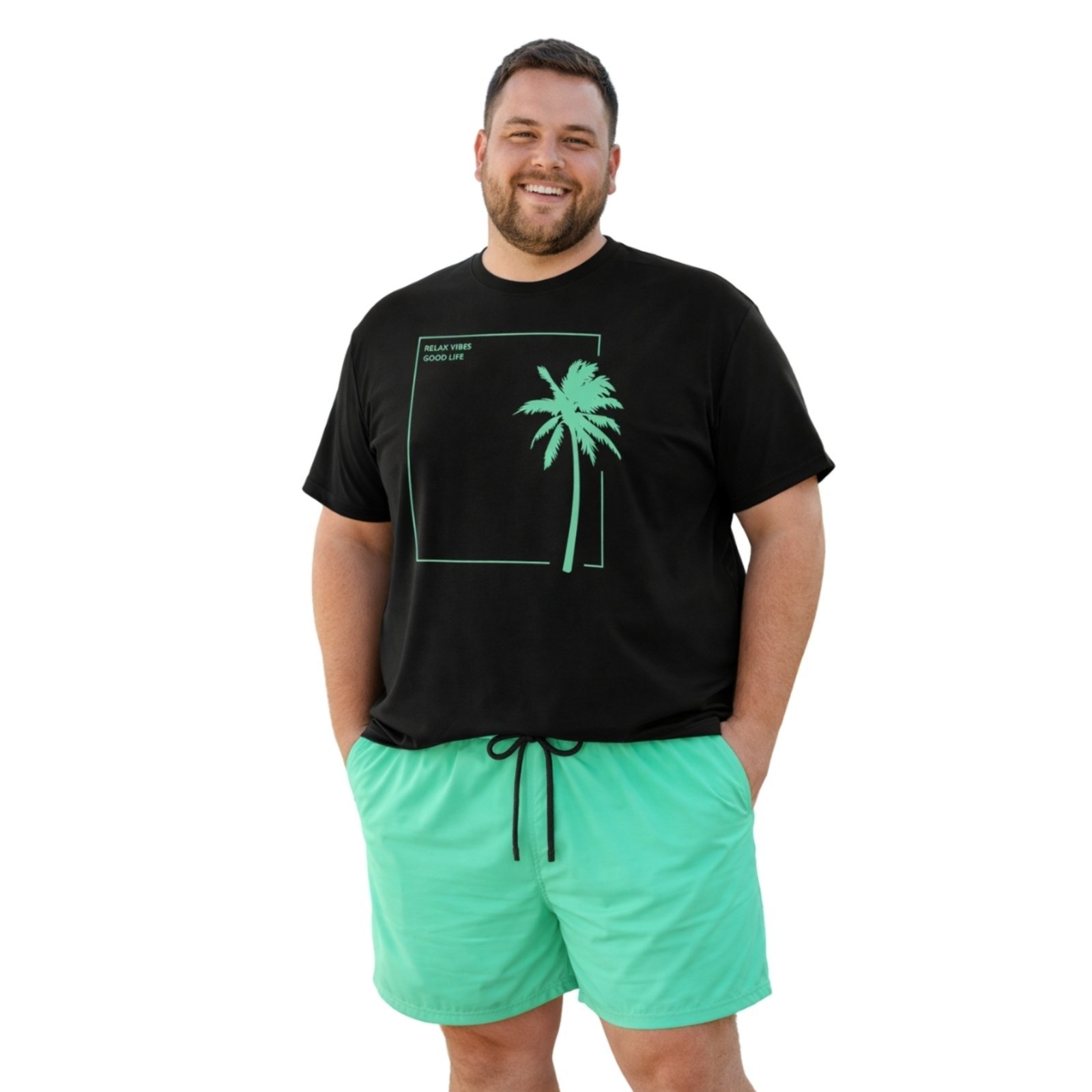 Conjunto Masculino Camiseta Algodão Estampada E Short Tactel Liso