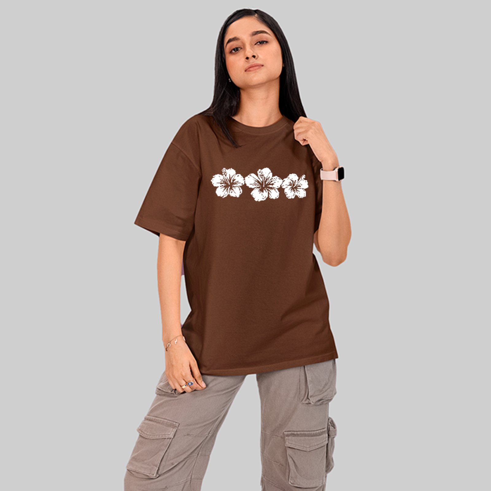 Camiseta Oversized Floral Hibisco Style Unissex Marrom