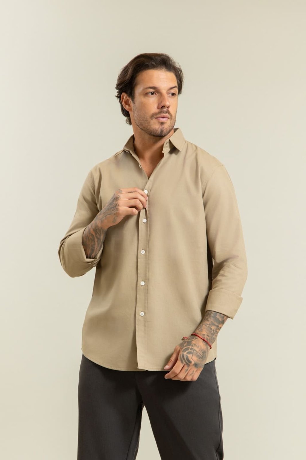 Camisa Social Manga Longa Masculina Color Caqui Dialogo