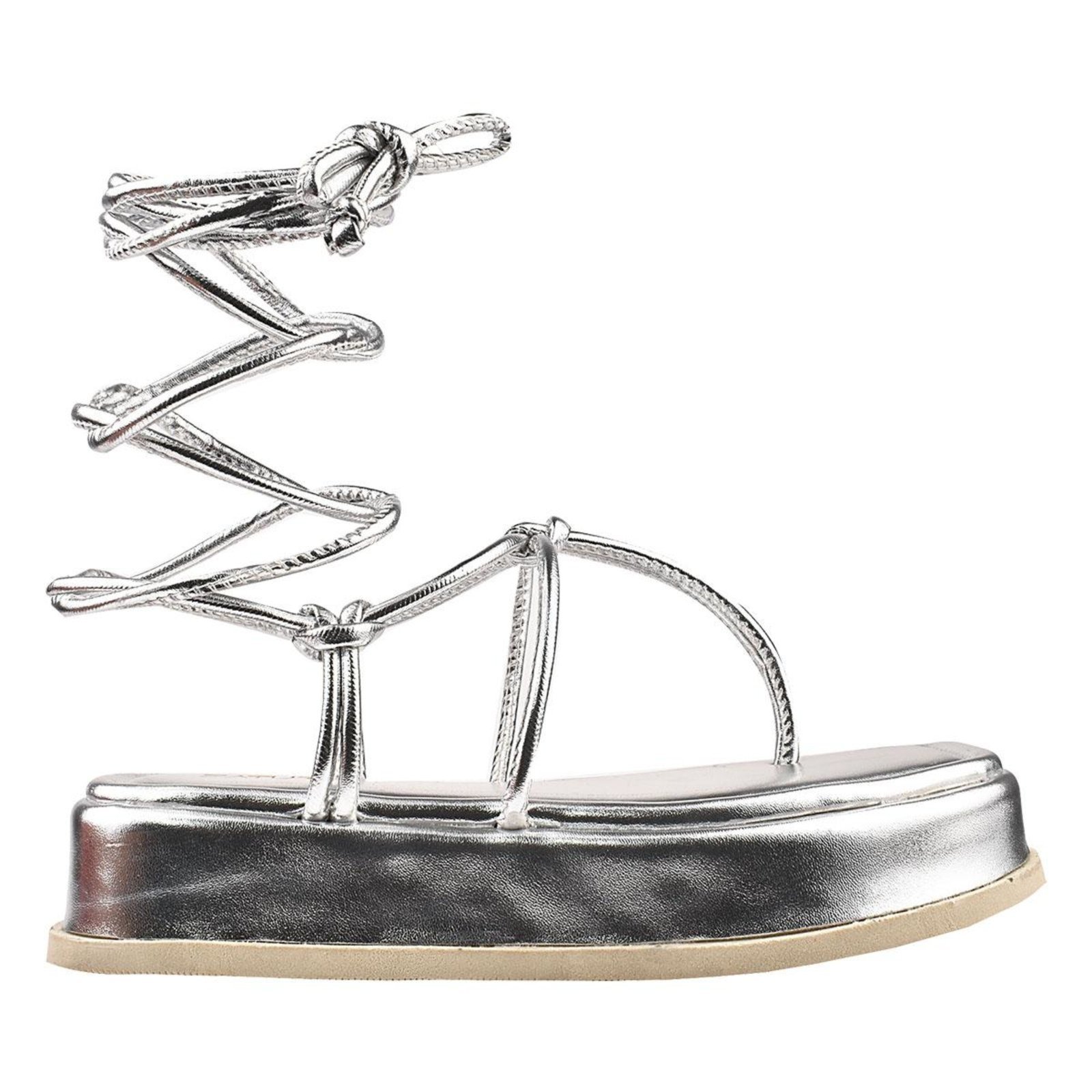 Sandália Feminina Flatform Metalizada Amarração Plataforma Prata