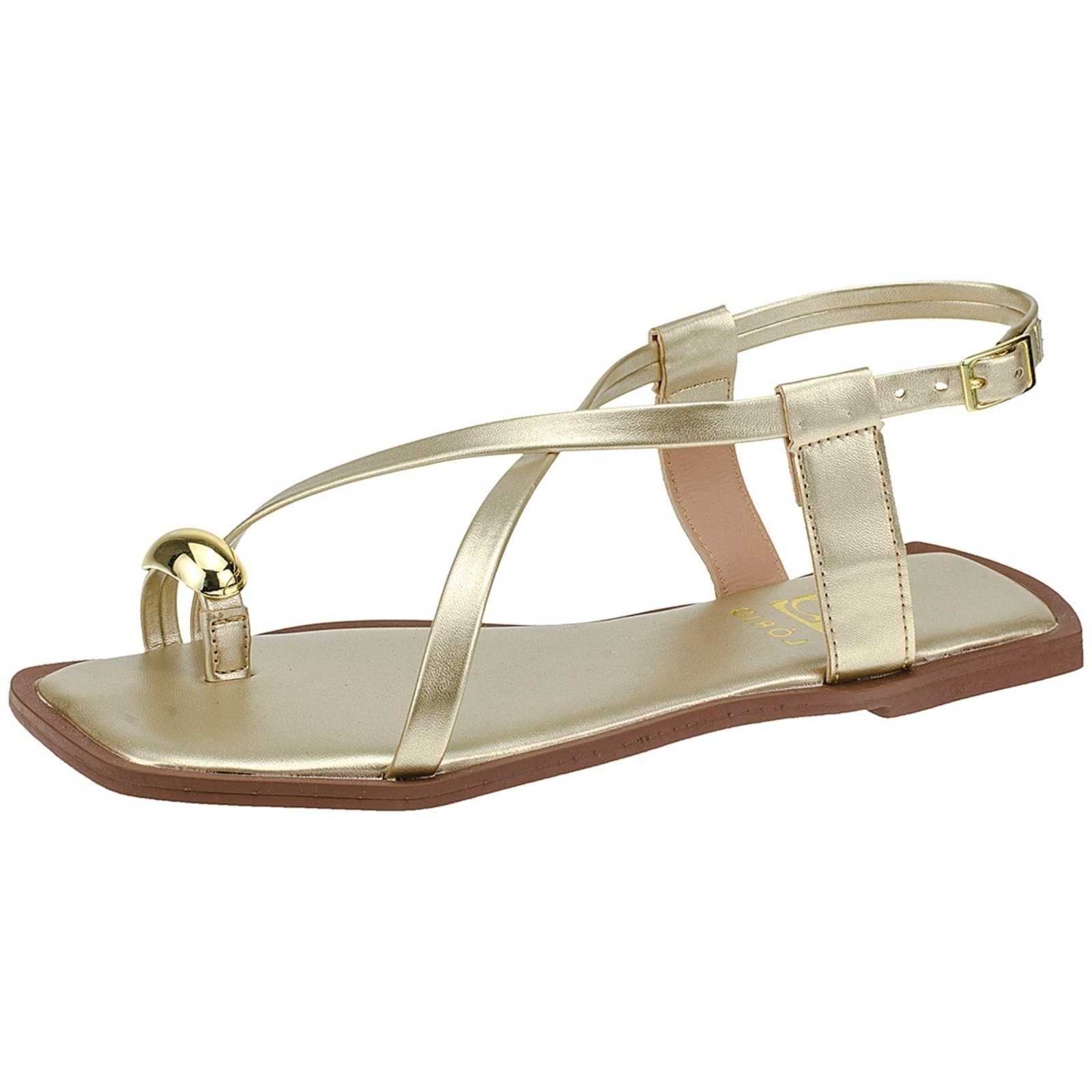 Sandália Lóris Shoes Rasteira de Tiras com Enfeite ABS Dourado Confortável Rasteirinha 3988 Ouro