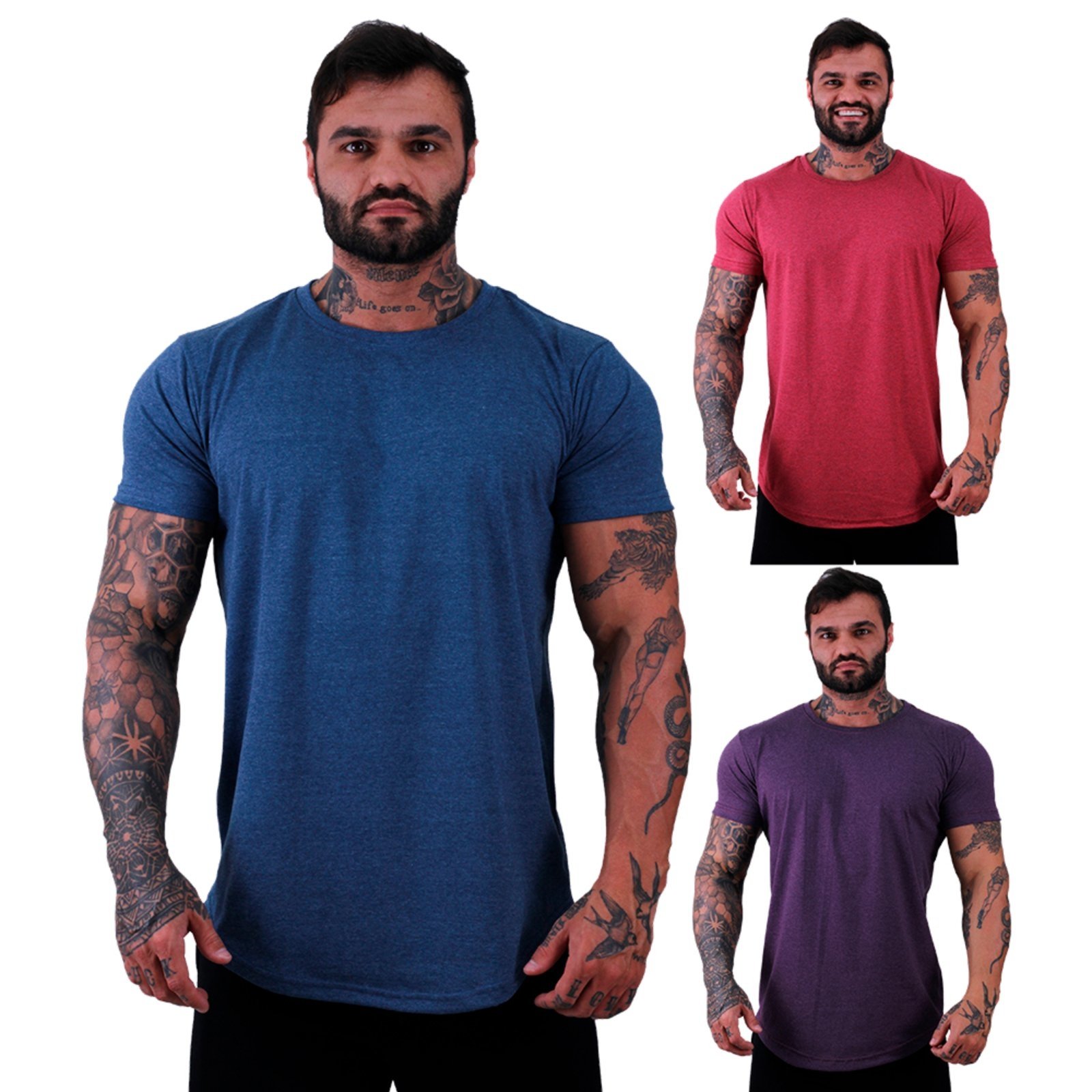 Kit 3 Camiseta Longline Masculina MXD Conceito para Academia e Casual Slim Mescla Marinho, Mescla Vermelho e Violeta
