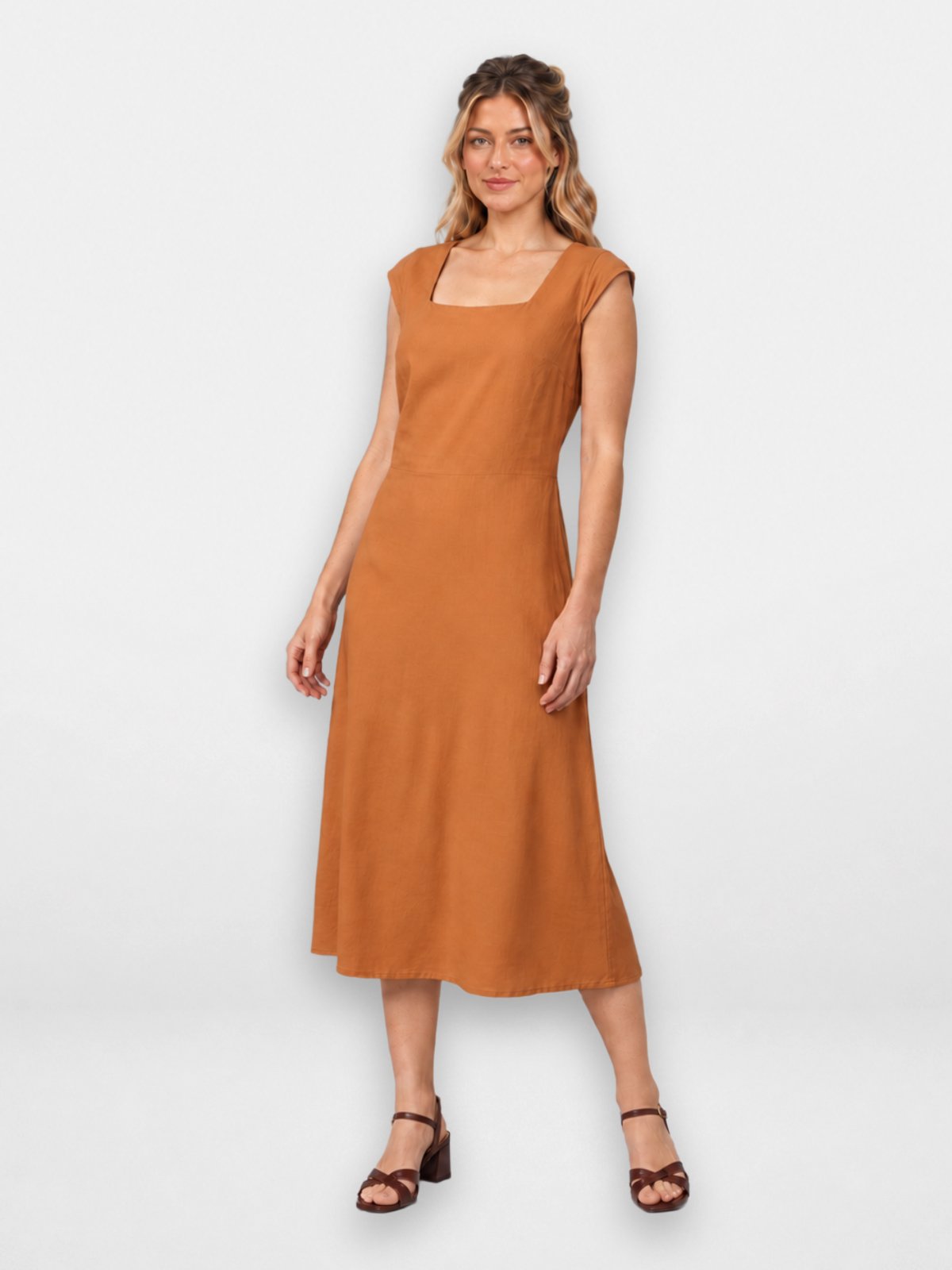 Vestido Feminino Pompier Midi em Viscose Decote Quadrado Manga Japonesa Marrom