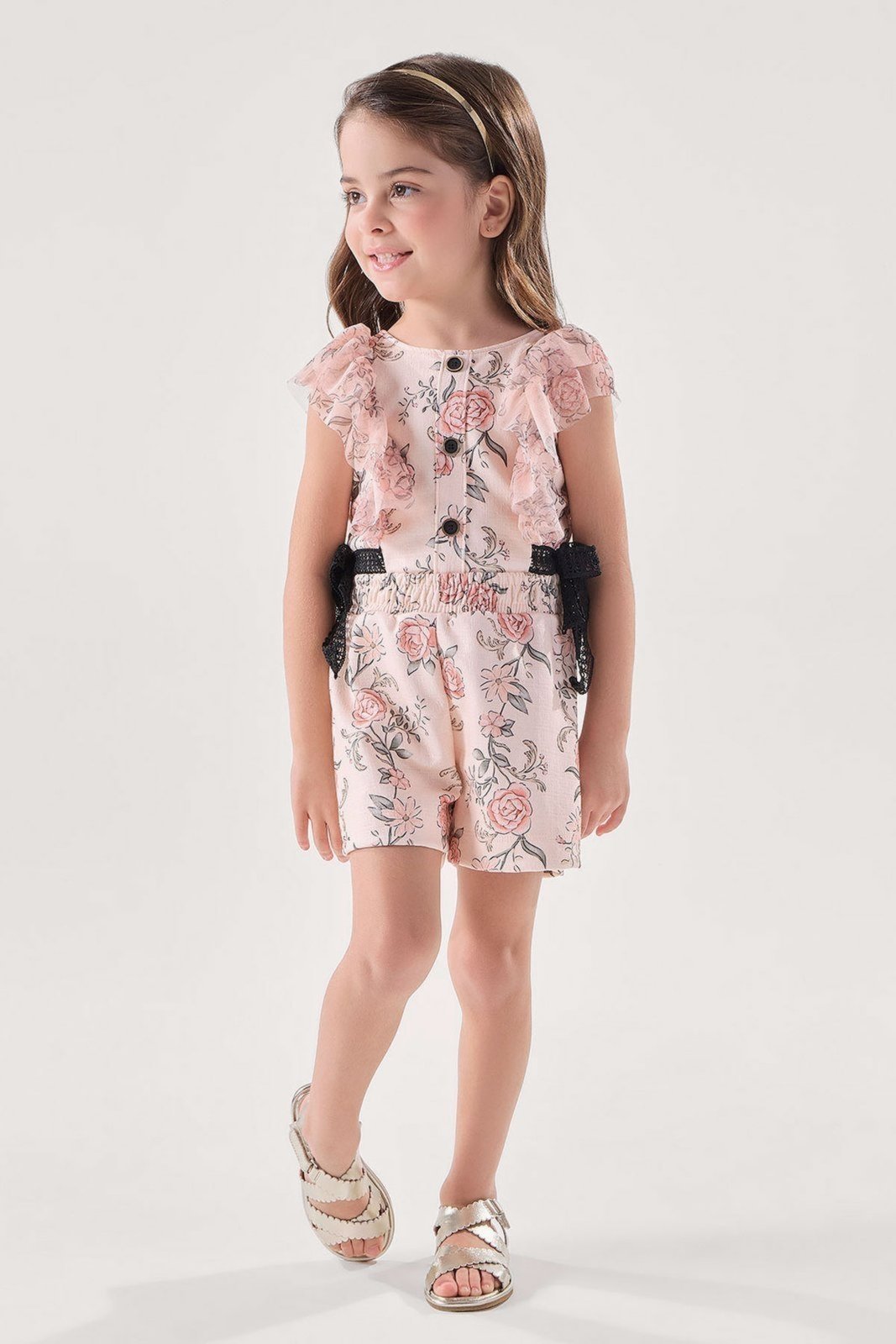 Infantil - Macaquinho Salmão Floral com Tule